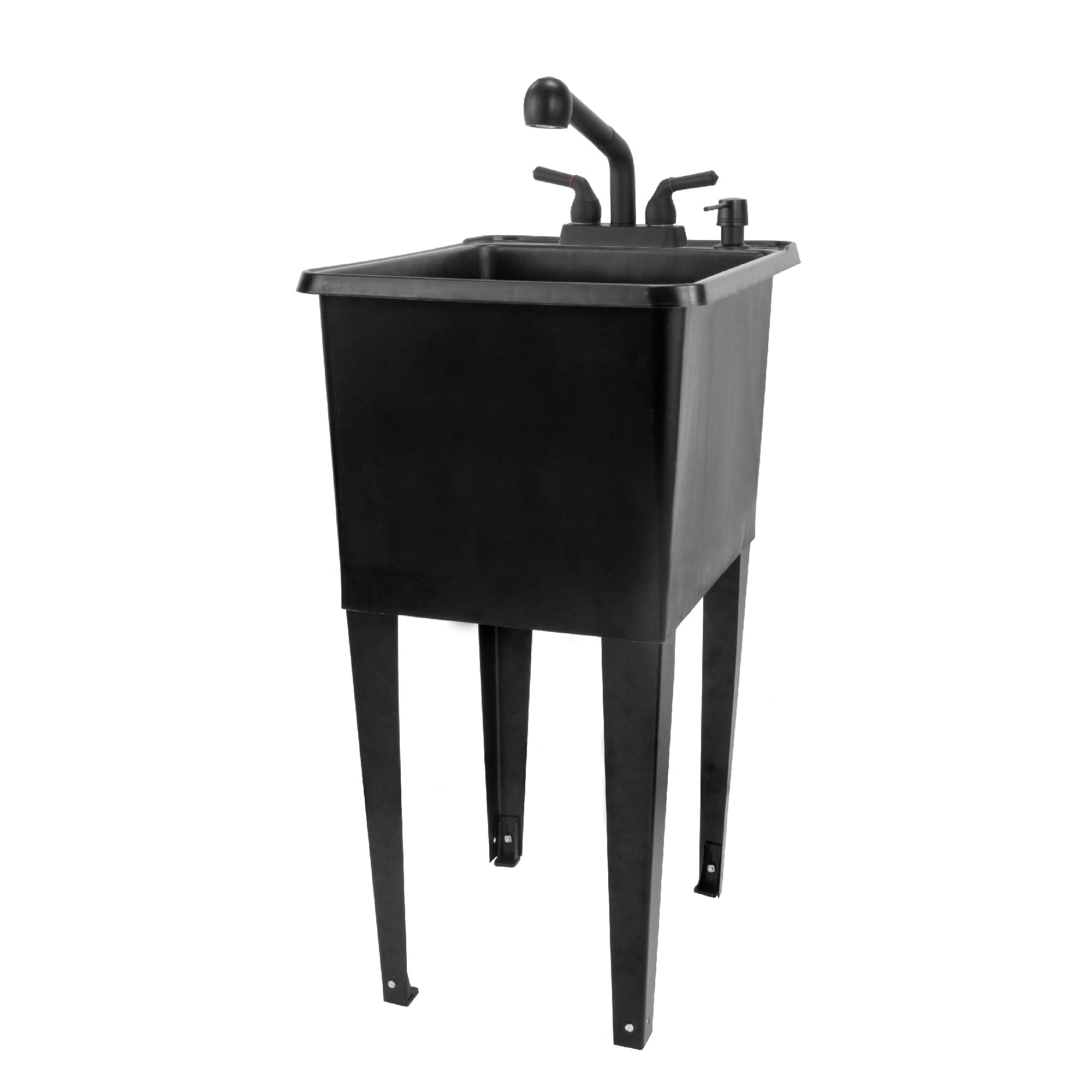 JS Jackson Supplies Space Saving Utility Sink with Pull-Out Faucet & Soap Dispenser - Black Tub for Laundry Room, Garage, or Basement Use