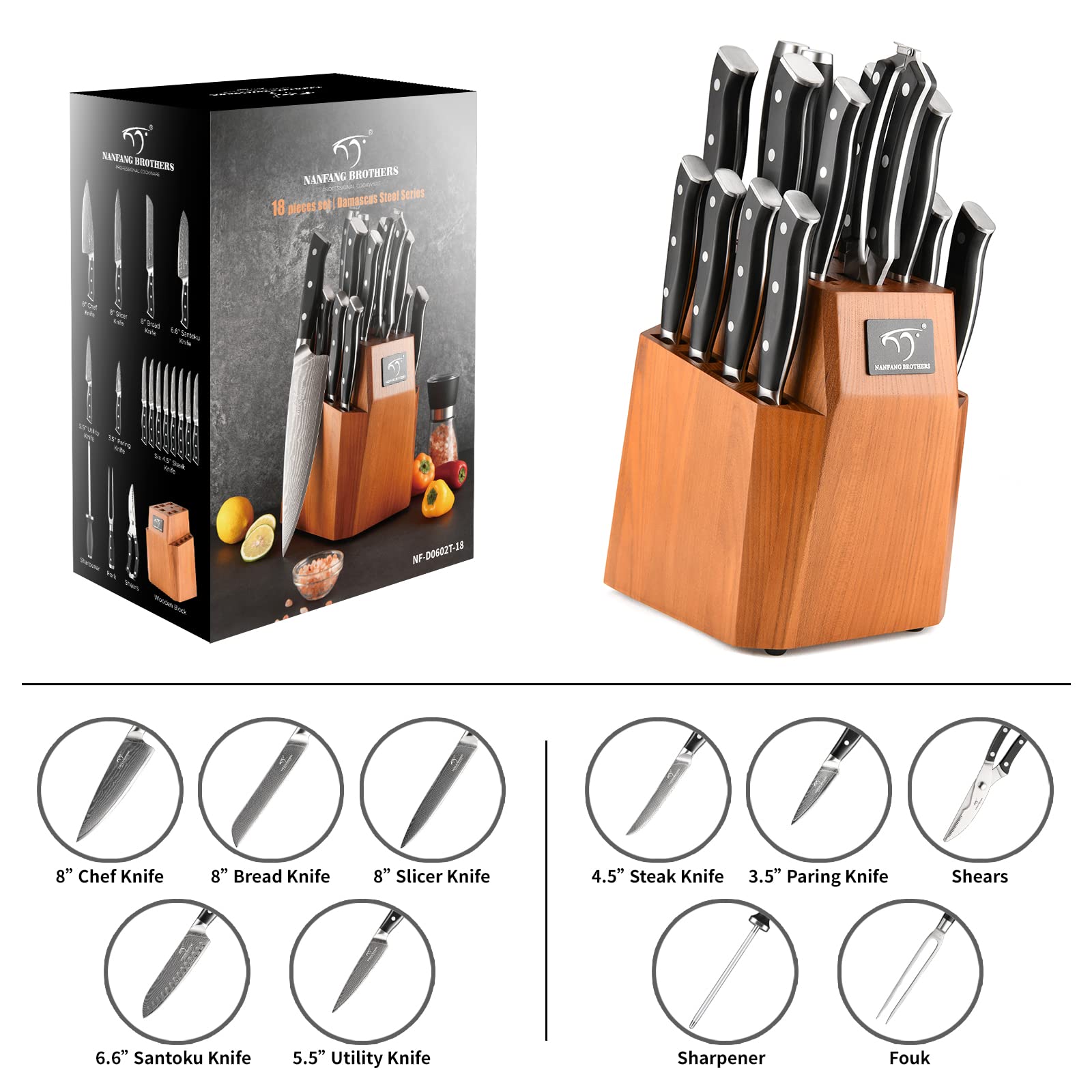 Premium 18-Piece Damascus Steel Kitchen Knife Set with Wooden Block - Chef Knives, Utility Knives, Paring Knives, Knife Sharpener & Kitchen Shears - Ergonomic ABS Handles for Professional Cooking & Home Kitchen Use - Perfect Gift for Chefs & Cooking Enthusiasts
