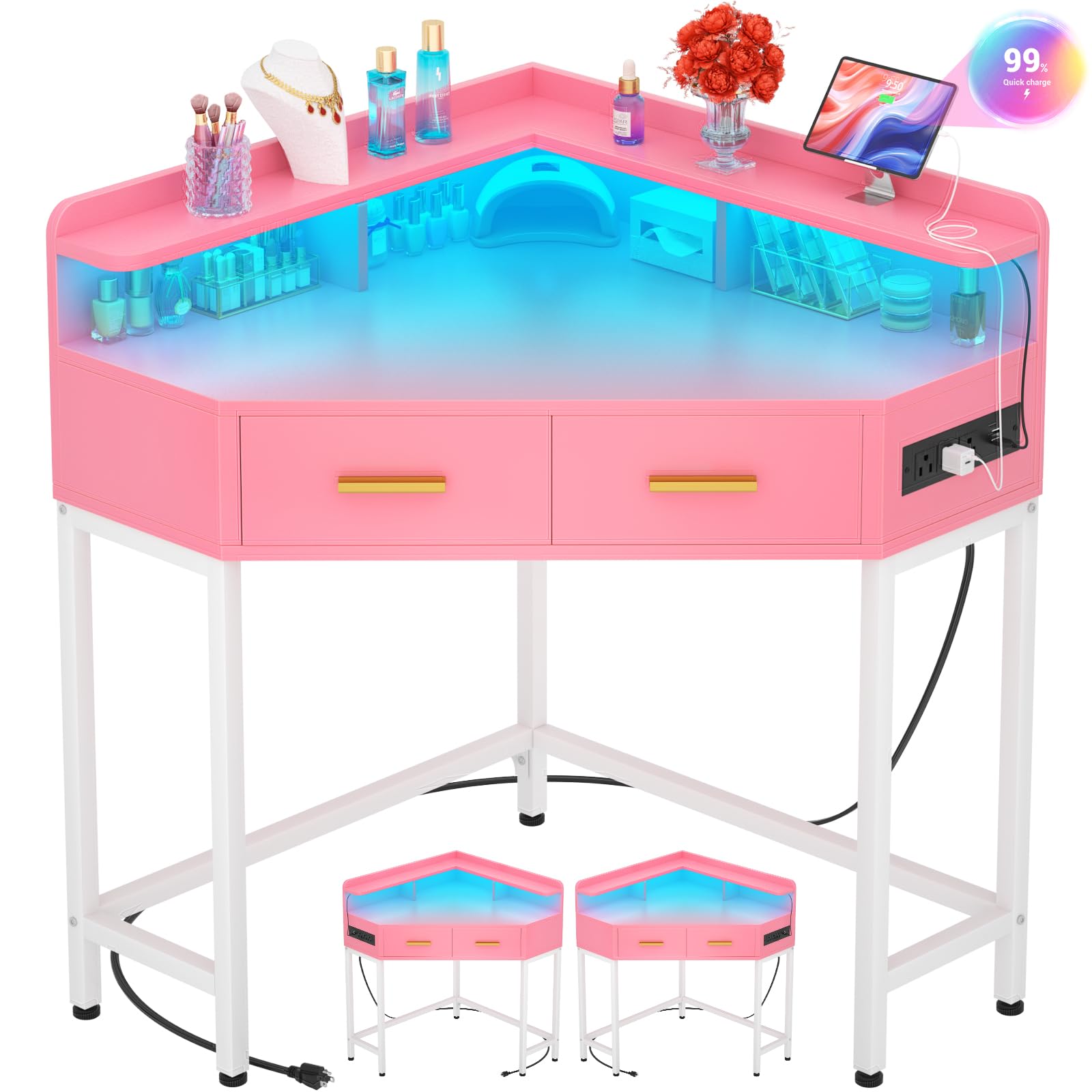 Cyclysio Pink Triangle Corner Desk with LED Lights & USB Charging Station - Small Space Computer Desk for Bedroom, Home Office, Makeup Vanity with Storage Drawers - Perfect for Gaming, Studying & Beauty Routines