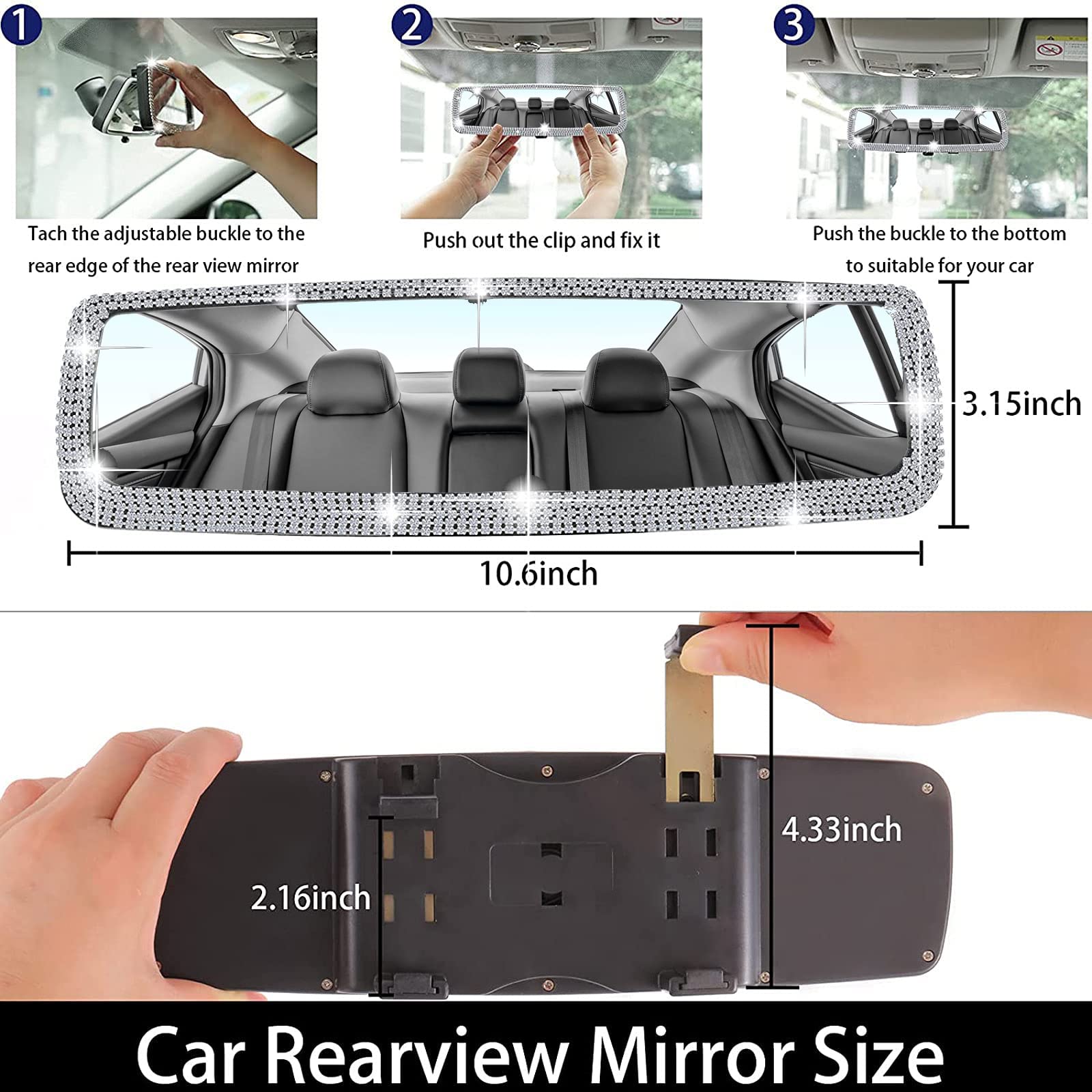 Sparkling Rear View Mirror Cover with 2 Diamond Car Seat Hooks - Universal Bling Mirror Accessories for Women & Girls | Perfect for Car Decor, Gift Giving, and Personalizing Your Vehicle