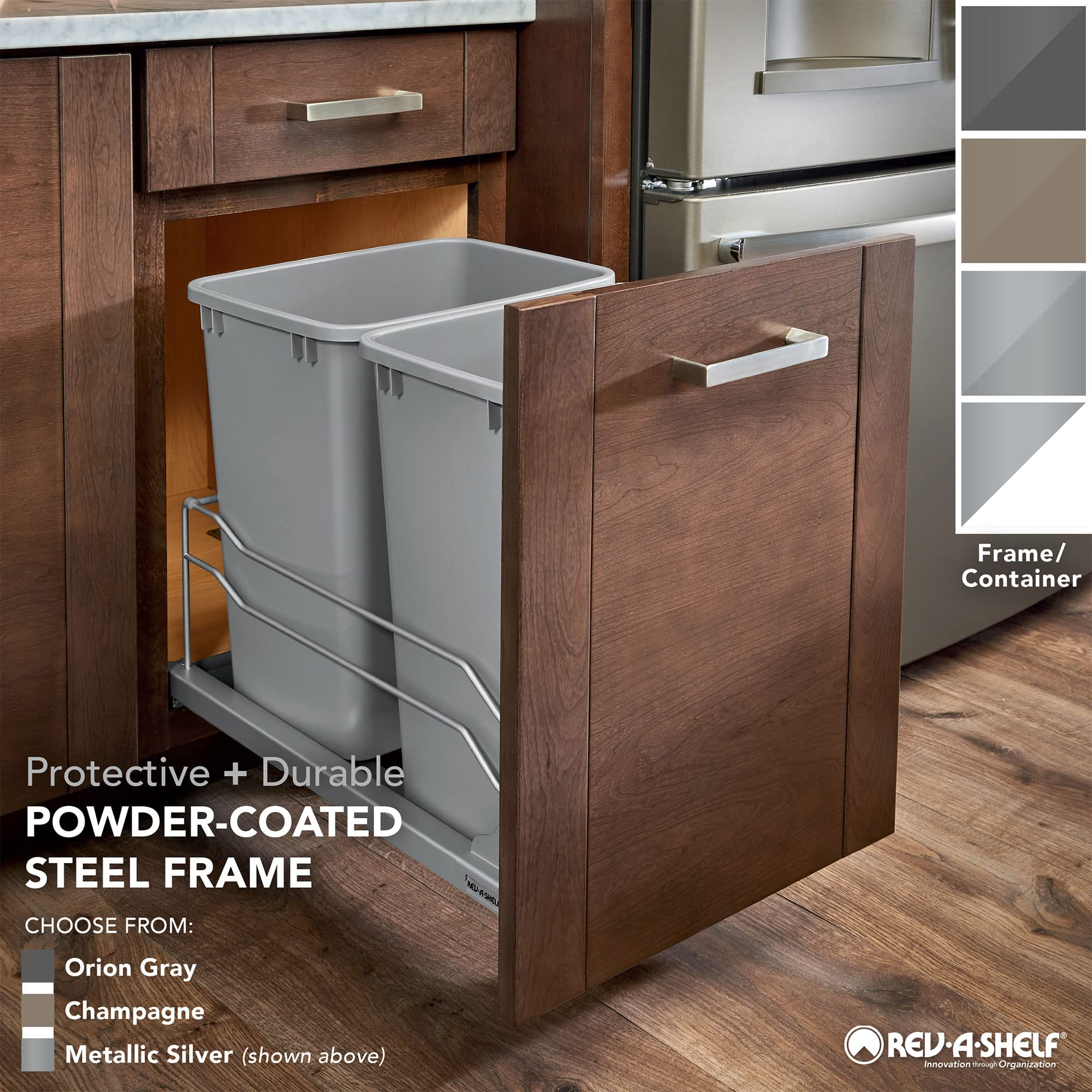 Rev-A-Shelf 50 Quart (12.5 Gallon) Double Pullout Trash Can with Soft-Close Slides for Full Height Kitchen Cabinets - White (53WC-2150SCDM-211) | Space-Saving Waste Bin Solution for Organized Kitchens & Pantries
