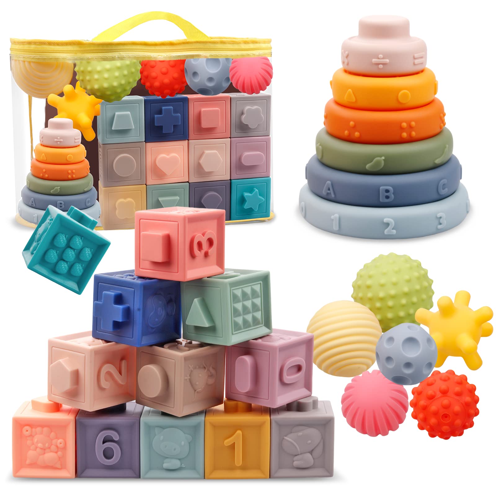Montessori Baby Toys - Soft Stacking Building Blocks, Rings & Balls Set | 3-in-1 Sensory Learning Toy for 6-12 Months | Teething Relief & Early Development | Perfect Easter Gift for Boys & Girls | Great for Playtime, Nursery & Baby Showers