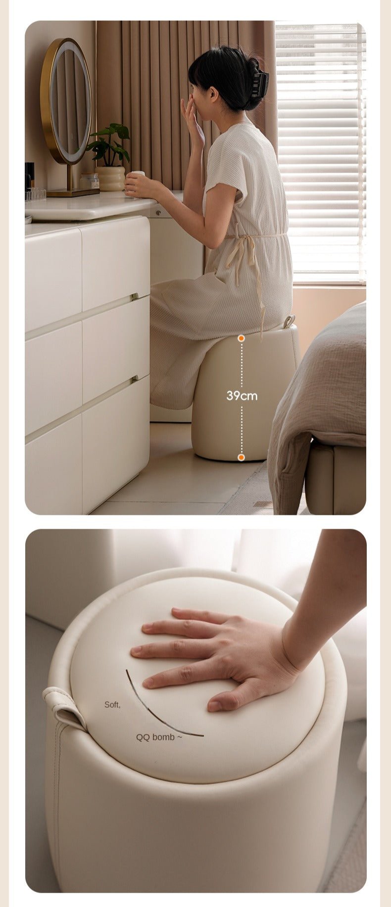 Organic Leather Makeup Stool - Cream Round Vanity Seat with Storage for Bedroom & Dressing Room - Perfect for Makeup Artists & Home Decor