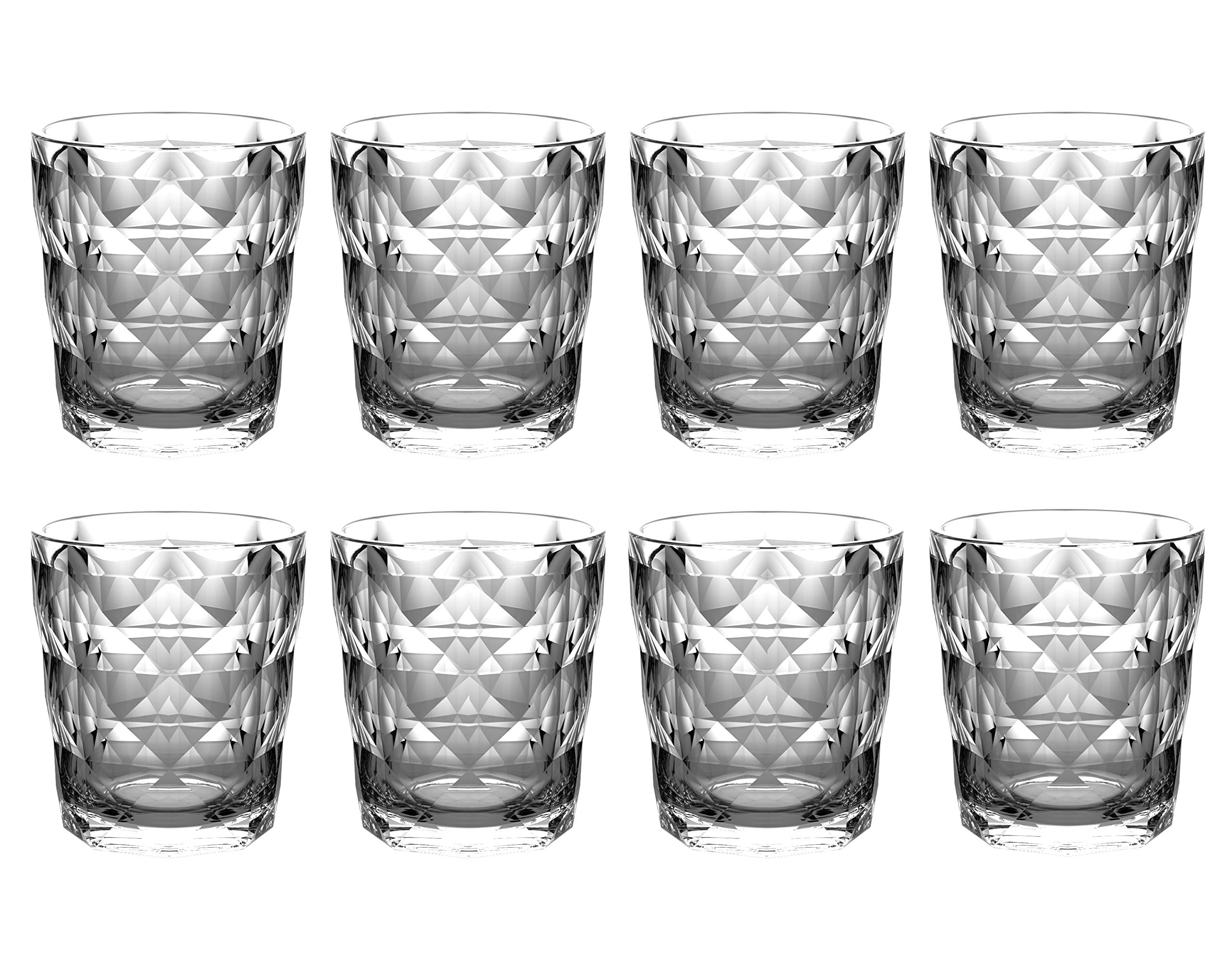 QG 13 fl oz Diamond Cut Pattern Clear Smoke Grey Acrylic Plastic Tumbler Set of 8 - Perfect for Parties, Picnics & Home Decor