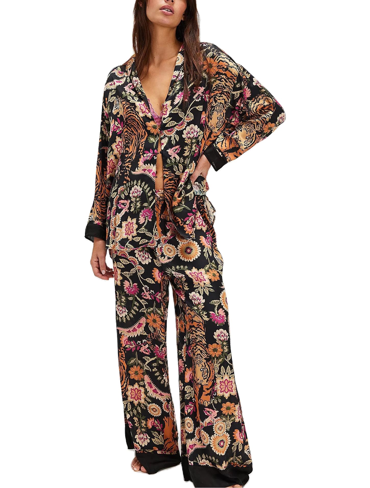 Women's Y2K Floral Print Silk Pajama Set - Long Sleeve Button Down Shirt & Wide Leg Pants 2-Piece Lounge Wear for Sleepwear, Loungewear & Relaxation at Home