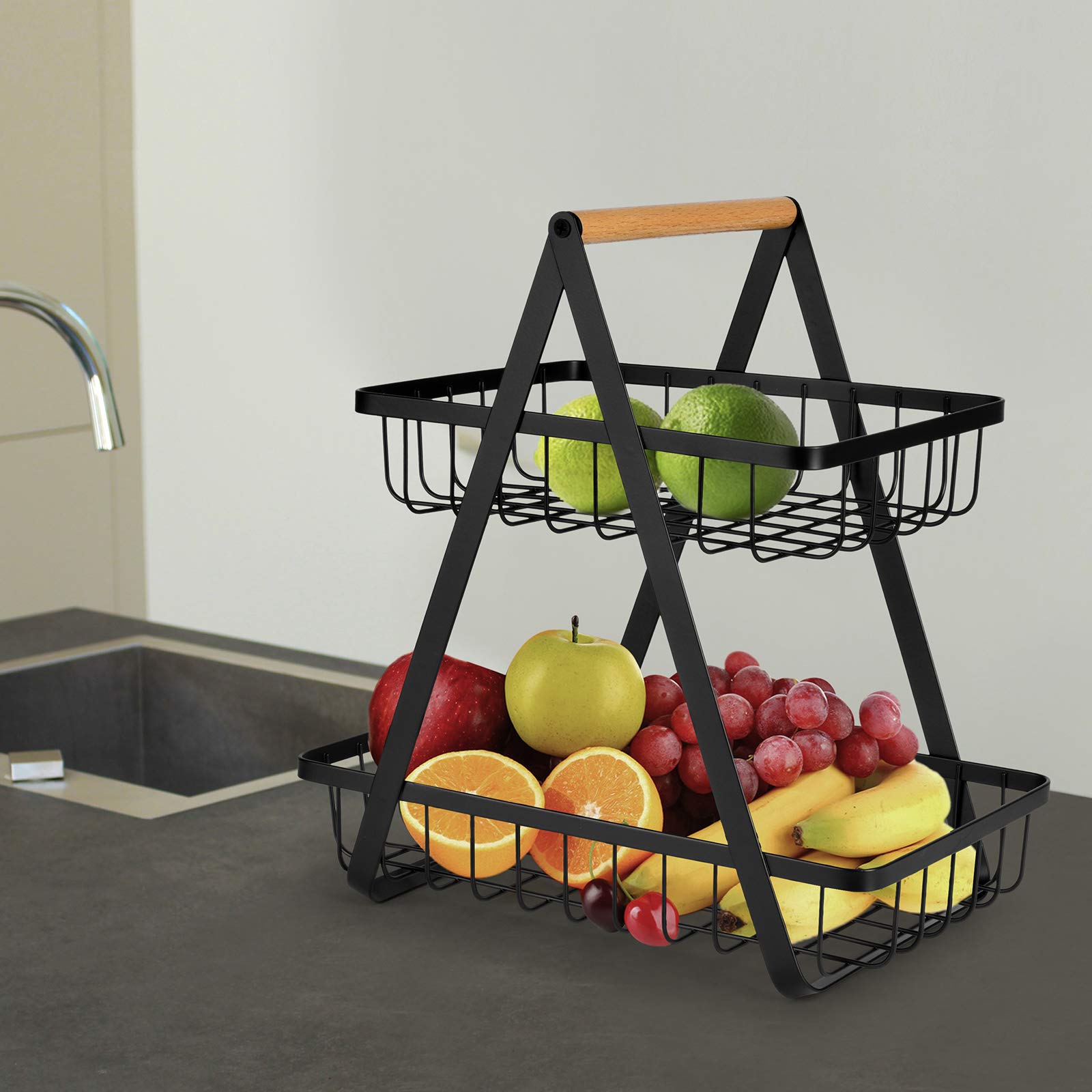 2-Tier Countertop Fruit Basket - Kitchen Storage Organizer for Fruits, Vegetables, Bread - Space Saving Black Wire Basket for Counter, Pantry & Dining Table Display