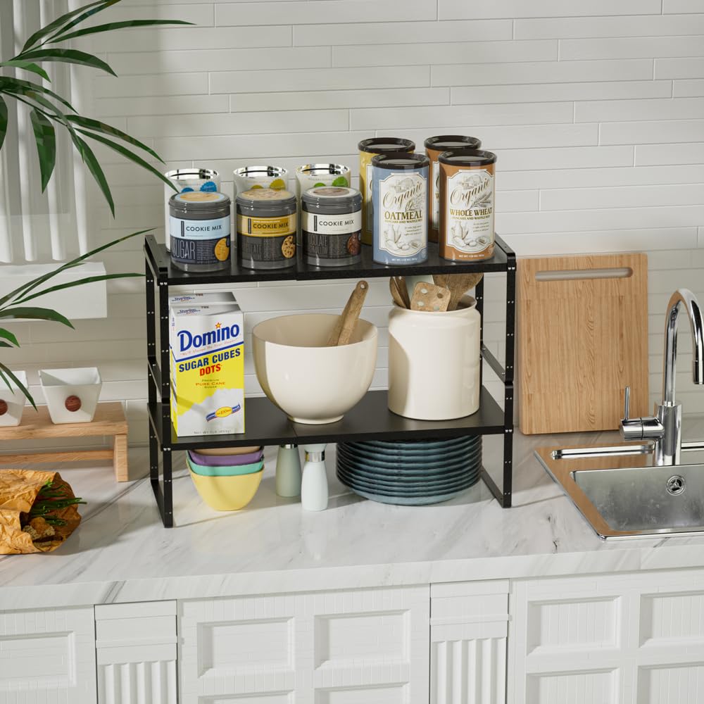 Expandable Counter Organizer Shelf - Stackable Cabinet Storage Rack for Kitchen, Bathroom & Pantry - Black 2-Pack - Perfect for Spice Organization, Small Appliance Storage & Countertop Space Saving