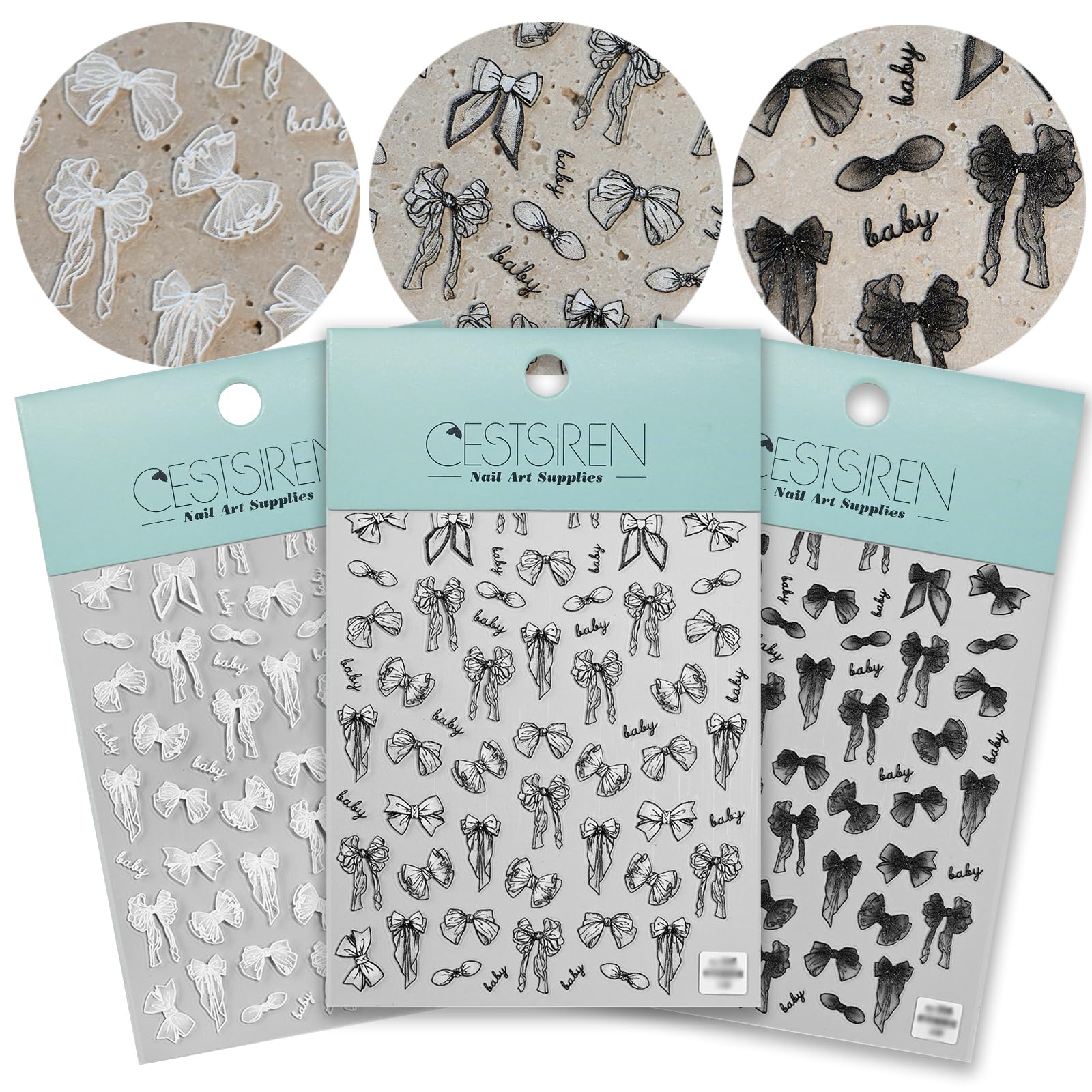 Elegant White & Black Bow Nail Art Stickers - Embossed Self-Adhesive Nail Decals for Women, 3 Sheets | Perfect for DIY Nail Designs, Salon Manicures & Special Occasions
