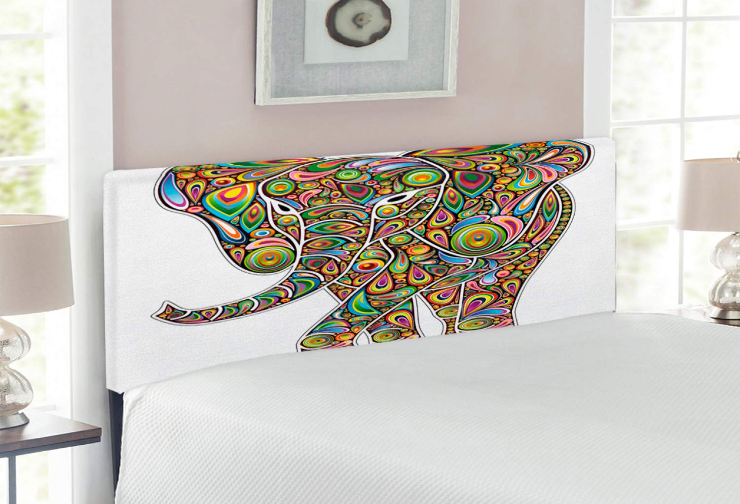 Ambesonne Psychedelic Headboard - Large Eastern Elephant Trippy Boho Art Savannah Design - Upholstered Decorative Metal Bed Headboard with Memory Foam - Full Size Multicolor - Perfect for Bohemian Bedroom Decor & Hippie Style Home Furnishing