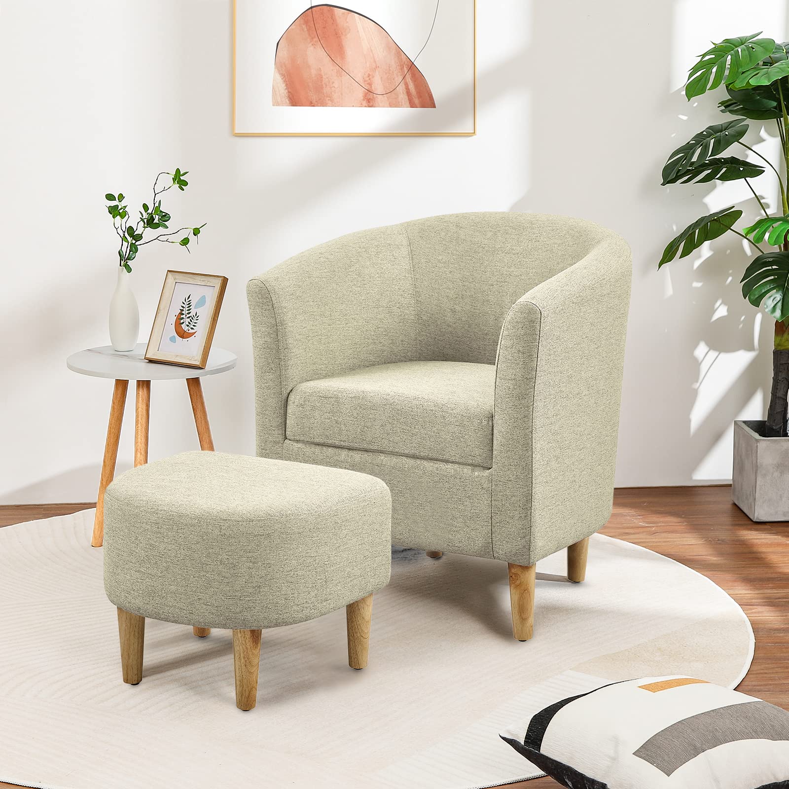 Mid Century Modern Accent Chair with Ottoman - Barrel Club Tub Sofa for Living Room & Bedroom, Upholstered Comfy Armchair & Footrest Set (Beige, Set of 1) - Perfect for Reading Nook, Lounge & Home Decor