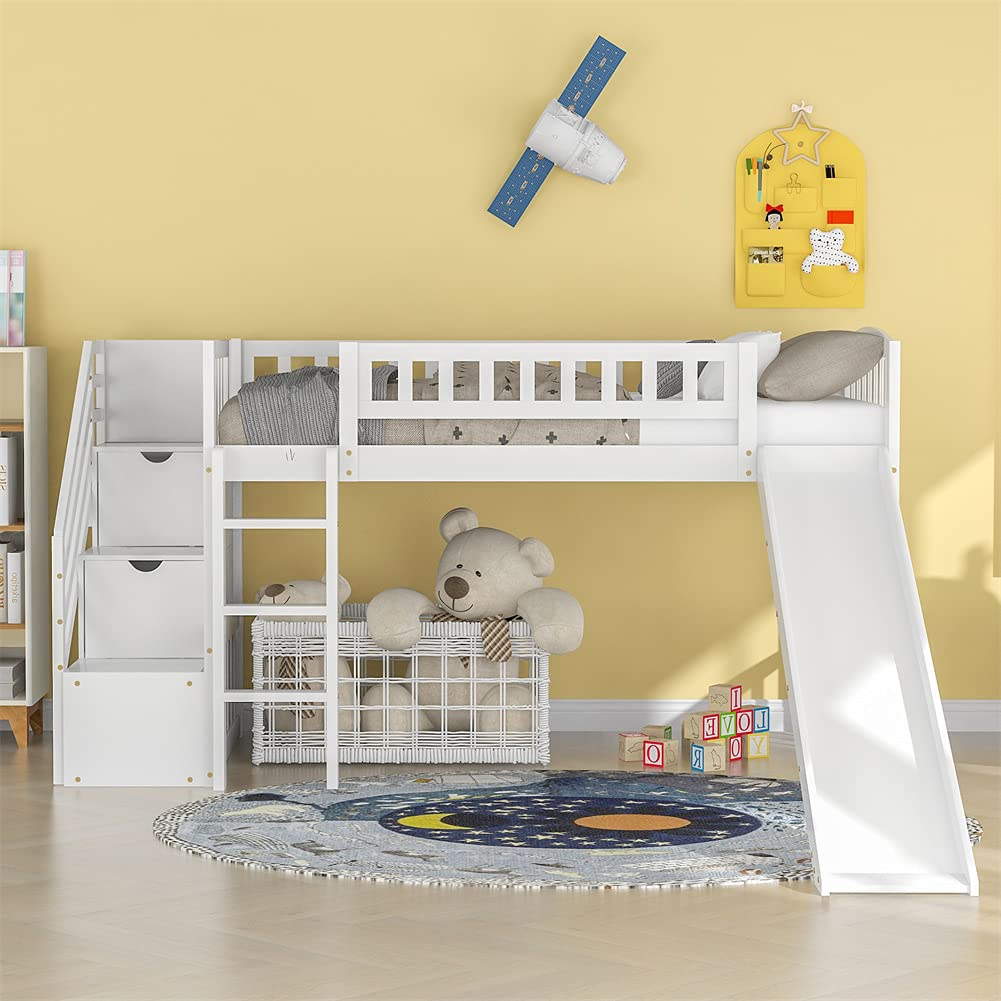 **Kids Wooden Loft Bed with Stairs & Storage - Twin Size Space-Saving Low Bunk Bed Frame (White) - Perfect for Small Bedrooms, Dorms, or Playrooms**