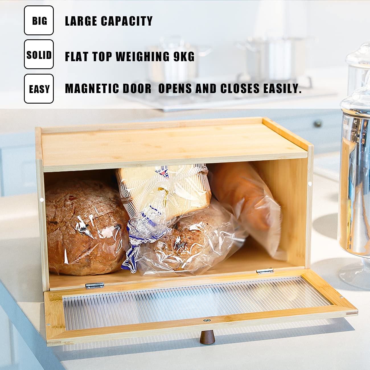 AINILE Bamboo Bread Box - Wooden Bread Storage Container with Stylish Design (40 x 25 x 20 CM) - Perfect for Kitchen Countertop, Pantry Organization & Fresh Bread Preservation