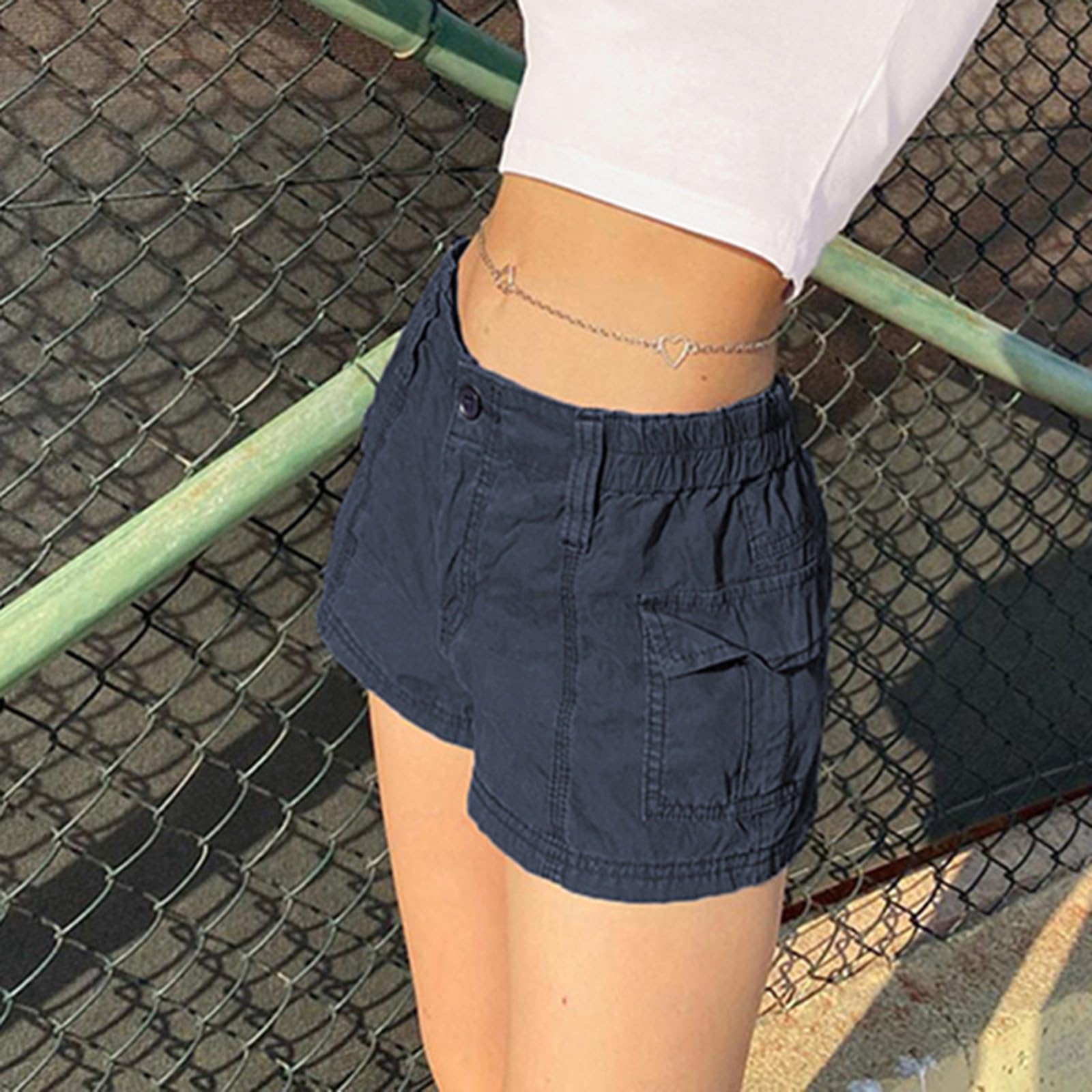 Women's Summer Cargo Shorts - Stretch Twill Y2K Style Casual Shorts with Elastic Waist & Pockets | Perfect for Workouts, Hiking & Streetwear Fashion 2023