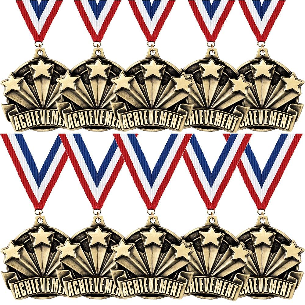 Crown Awards 10 Pack Gold Achievement Medals with Red White Blue Ribbon - 2 Inch Recognition Award for Sports, Academics, and Employee Recognition - Perfect for School Events, Competitions, and Corporate Awards