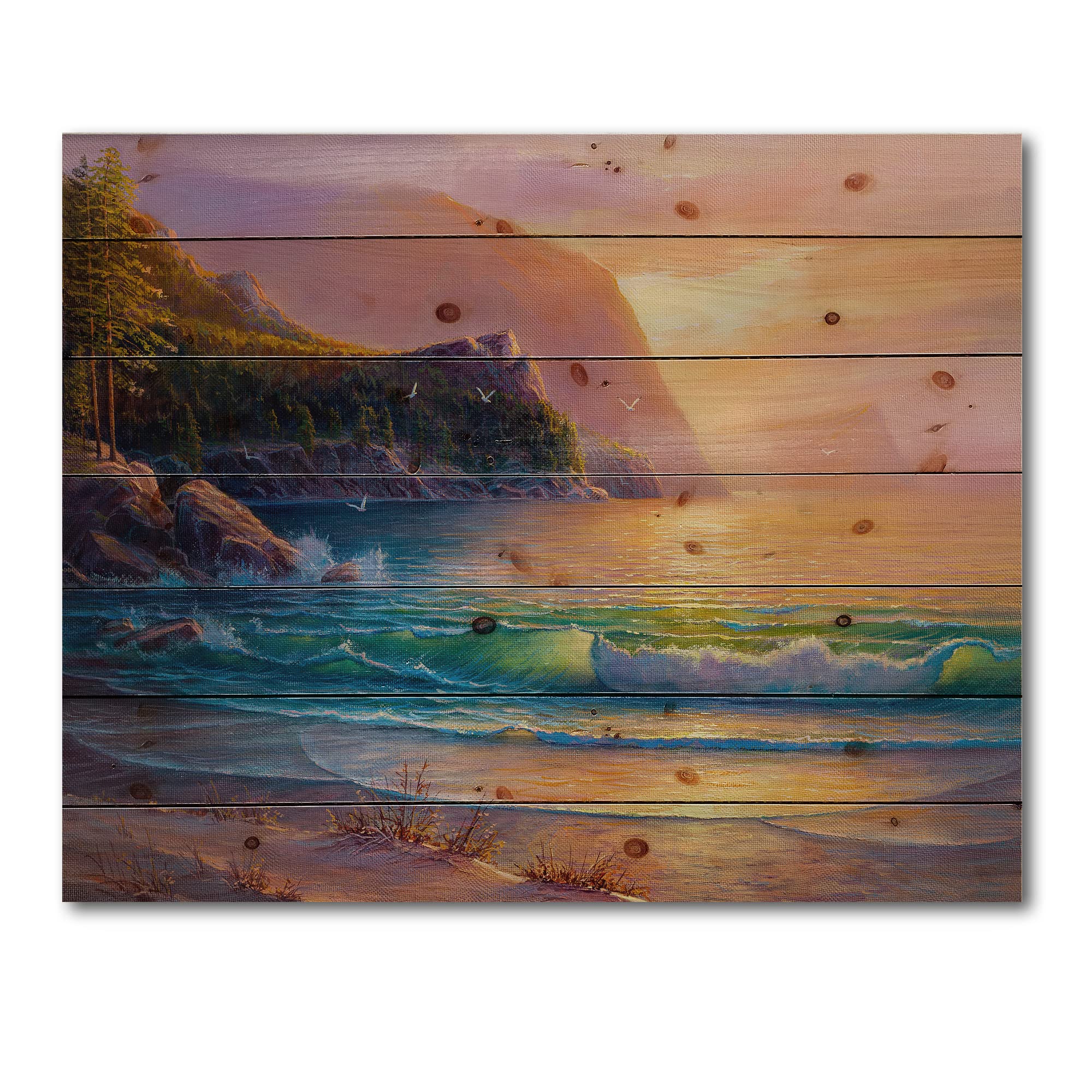 Romantic Beach Sunset Nautical Coastal Wood Wall Decor - Blue Wooden Wall Art Panel with Pine Wood Print | Perfect for Beach House, Living Room & Coastal Home Decor