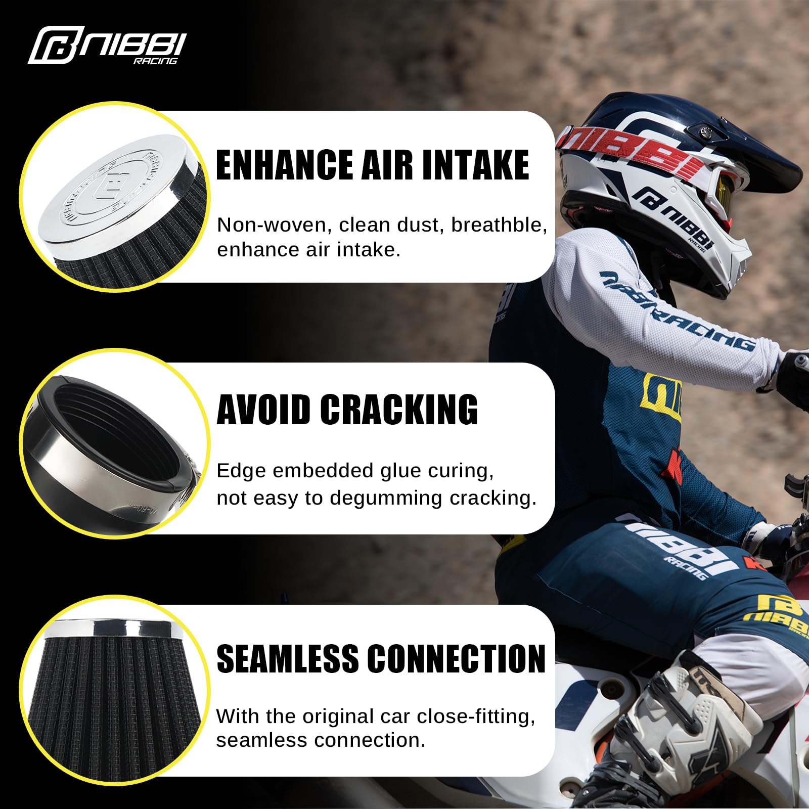 NIBBI 48mm High Performance Air Filter for Dirt Bike, Mini Bike, Pit Bike, Motocross & ATV - GY6 Engine Compatible - Off-Road & Racing Use