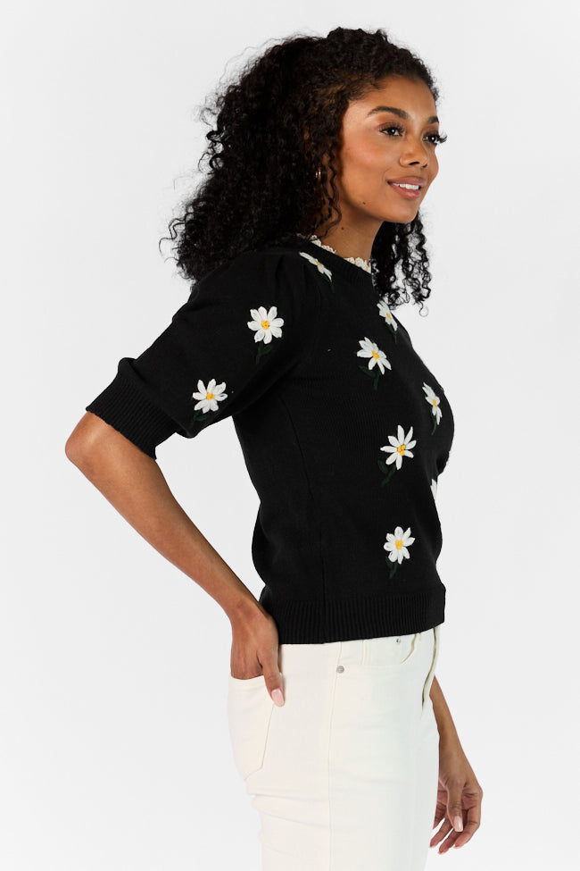 Black Floral Embroidered Lace Trim Short Sleeve Sweater - Elegant Garden Party Top for Women | Casual Spring Outfit & Romantic Date Night Blouse