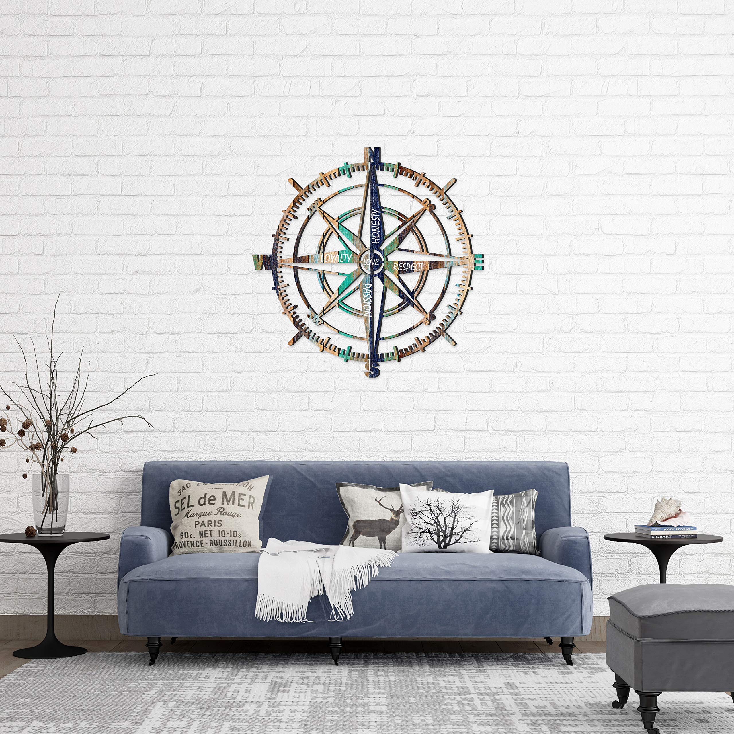 Venovez Compass Wall Art - Wood & Metal Nautical Decor with Love, Loyalty, Honesty, Respect & Passion Engravings - Perfect for Living Room, Bedroom or Office Wall Decor