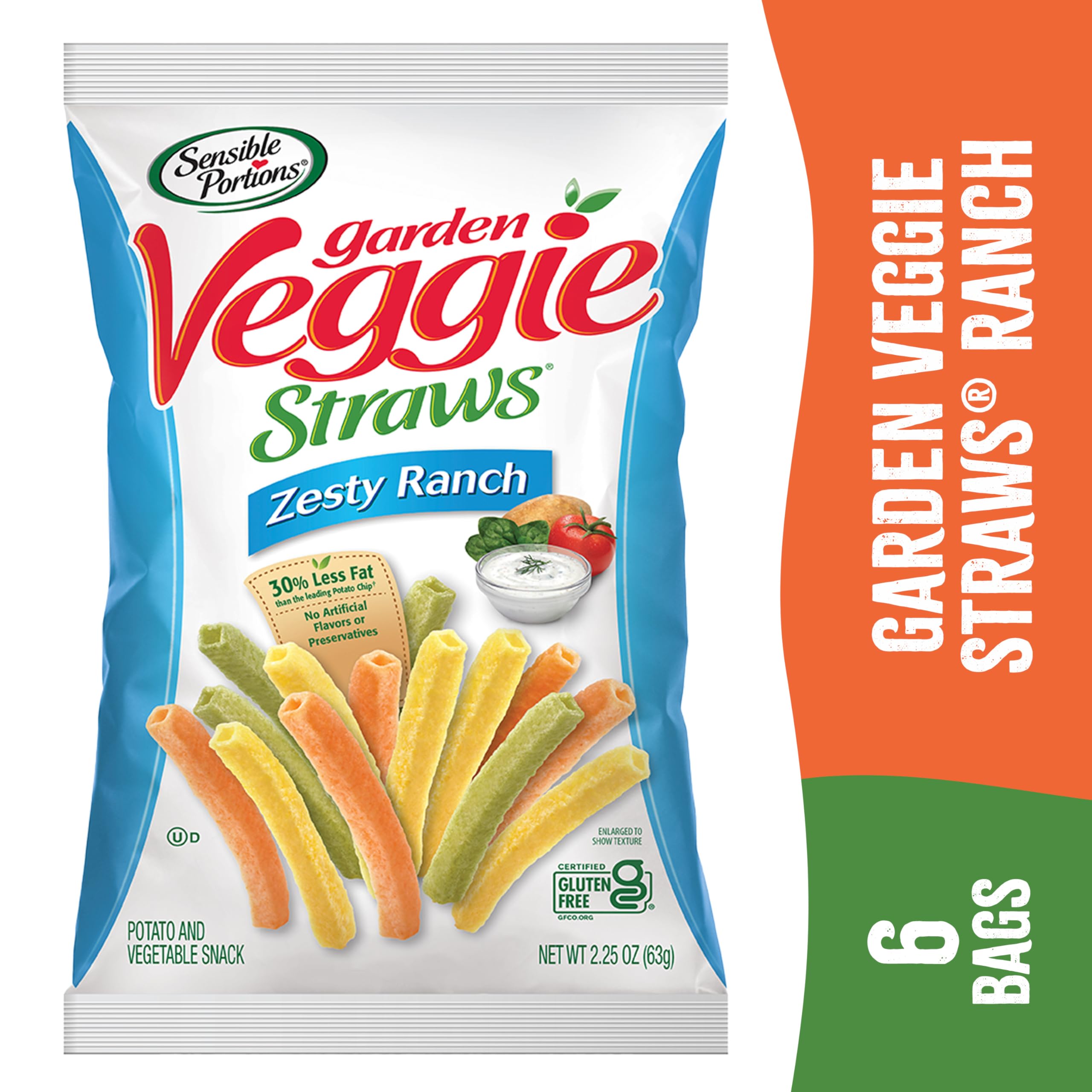 Sensible Portions Veggie Straws - Zesty Ranch Flavor, Gluten-Free, Non-GMO, Healthy Snack Chips, 2.25oz Bags (Pack of 6) | Perfect for Lunchboxes, Parties, and On-the-Go Snacking