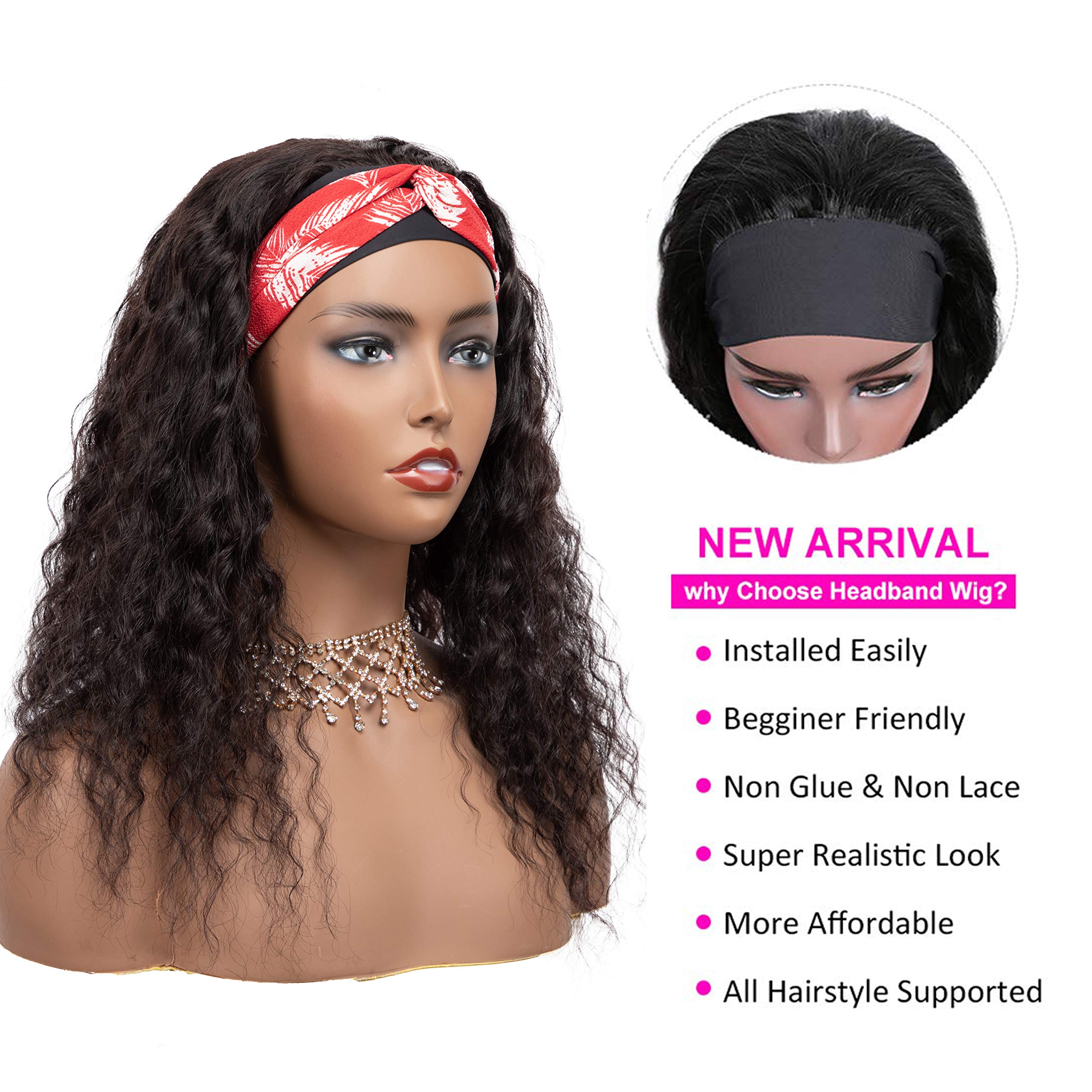 24 Inch Deep Wave Curly Headband Wig - 100% Virgin Human Hair Glueless Lace Front Wigs for Black Women | No Glue Needed, Comfortable & Natural Look | Perfect for Daily Wear, Parties & Special Occasions