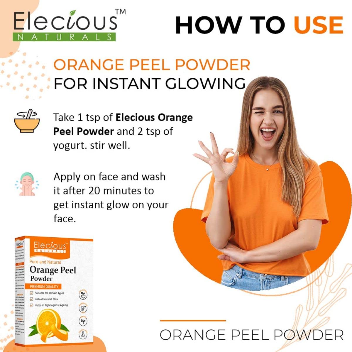 Elecious 100% Natural Orange Peel Powder for Skin & Face (200g) | Chemical-Free, Preservative-Free | Tan Removal, Face Cleansing & Glowing Skin | DIY Face Masks, Scrubs & Beauty Treatments