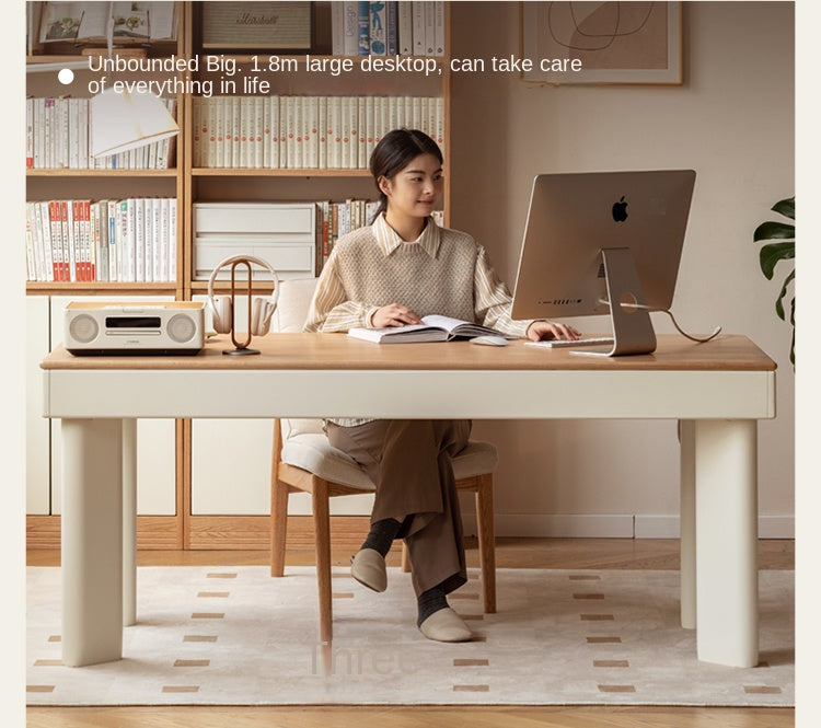 Modern Cream Oak & Poplar Solid Wood Computer Desk with Drawer - Home Office Workstation for Study, Gaming & Remote Work