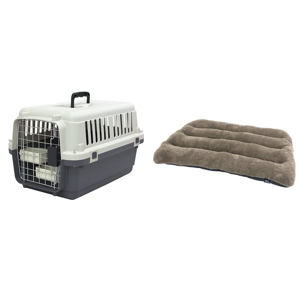 SportPet Designs Small Plastic Kennel with Rolling Wire Door - Tan Travel Dog Crate Without Wheels | Waterproof Pet Bed Included (20 Inches) - Perfect for Travel, Camping & Home Use