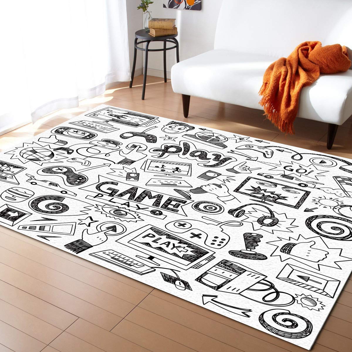5' x 8' Video Games Themed Area Rug - Washable Black & White 90s Retro Gaming Carpet for Kids Bedroom, Living Room & Game Room | Durable Indoor/Outdoor Floor Mat for Boys, Girls & Gamers - Perfect for Gaming Decor, Birthday Gifts & Cozy Spaces