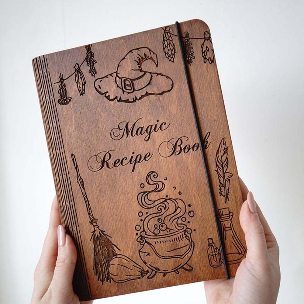 Custom Personalized Wooden Recipe Book Binder - Handmade Family Cookbook with Wooden Cover - A5 Sketchbook Notebook for Writing Recipes - Perfect Gift for Mom, Christmas & Special Occasions - Ideal for Kitchen Organization, Recipe Collection & Family Memory Keeping (Style 7)