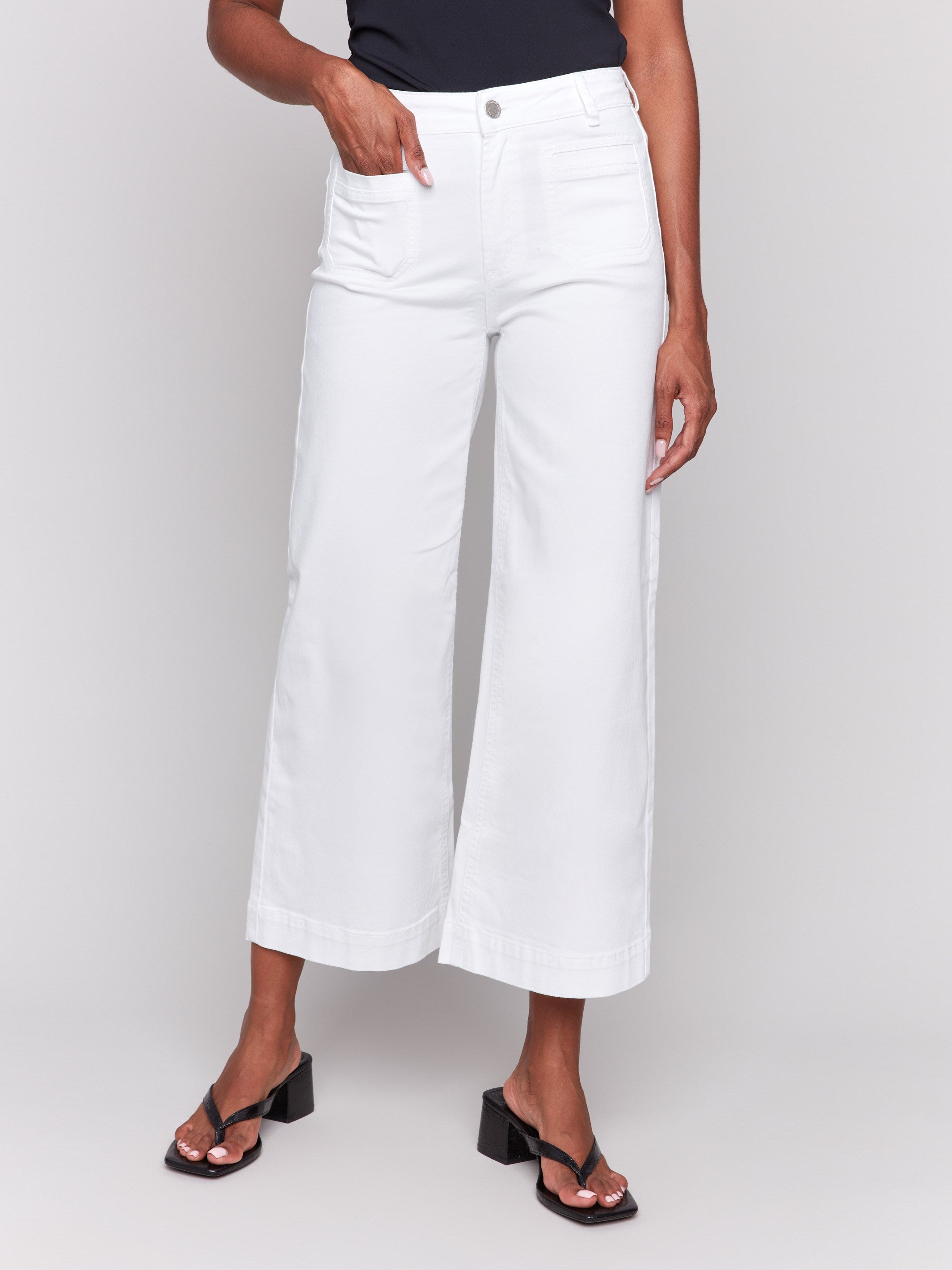 Women's High Waist Patch Pocket Flare Twill Pants - White | Casual & Office Wear | Perfect for Work, Date Night & Everyday Outfits