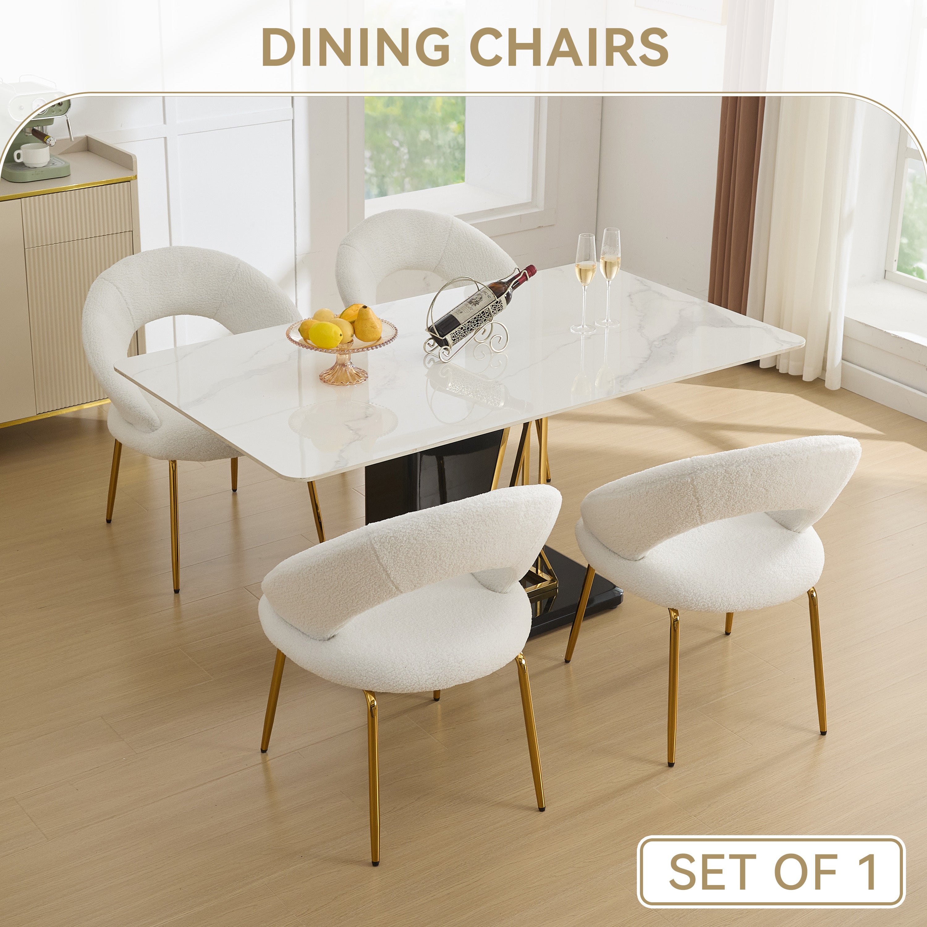 061 Set of 1 White Teddy Fabric Dining Chairs with Curved Backrest and Golden Metal Legs - Elegant Kitchen & Dining Room Seating for Home, Restaurant, or Cafe Use