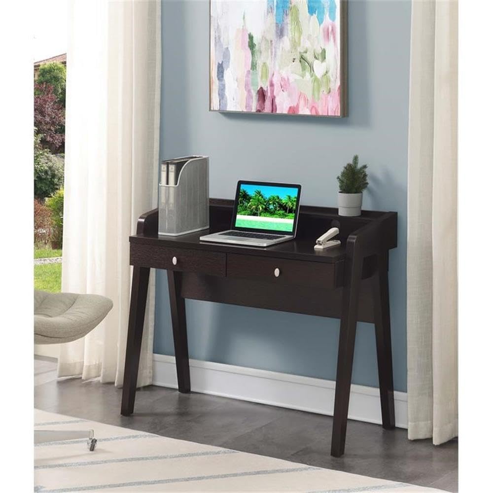 Convenience Concepts Newport Deluxe 2-Drawer Writing Desk with Storage Shelf, Espresso Finish - Perfect for Home Office, Study Room & Small Spaces