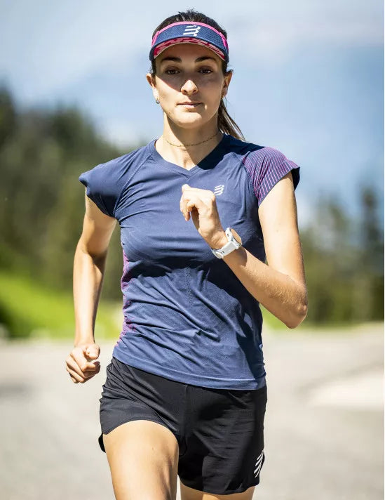 Compressport Women's Performance Short Sleeve Running Shirt - Moisture Wicking, Breathable Activewear Top in Mood Indigo/Magenta for Gym, Yoga & Outdoor Sports
