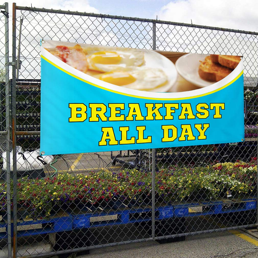 Custom Vinyl Banner 60x144 Inches - Weatherproof Outdoor Advertising Sign with 10 Grommets (Aqua-Blue) for Business, Yard, Events & Restaurants | All-Day Breakfast Promotion & Industrial Use
