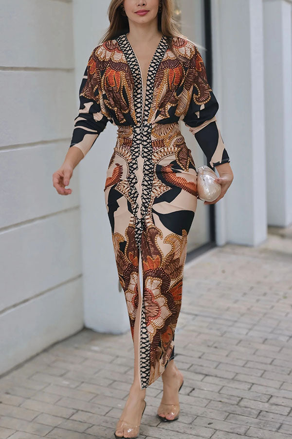 Verra Unique Print Dolman Long Sleeve Ruched Slit Midi Dress for Women | Flowy Boho Chic Dress for Casual Outings, Date Nights & Special Occasions