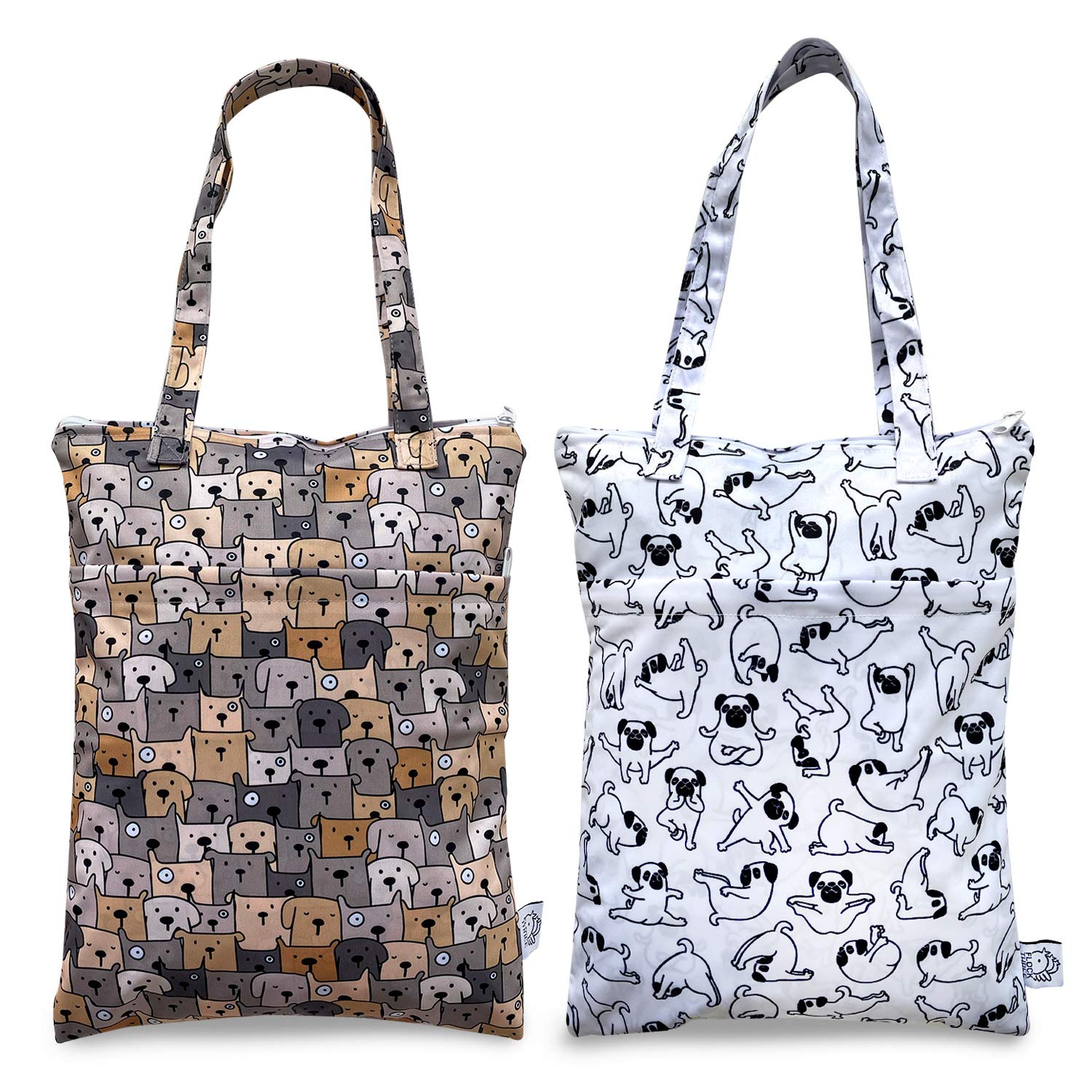 FLOCK THREE 2-Pack Waterproof Wet Dry Bags - Reusable Tote for Baby Diapers, Swimsuits & Travel - Ideal for Strollers, Beach Trips & Gym Use - Cute Dog Pattern Design (Small & Large Sizes)