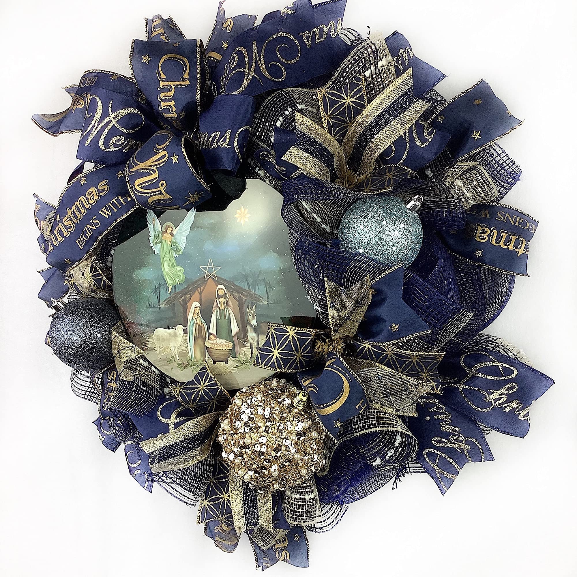 Nativity Christmas Wreath with Baby Jesus in Manger - Navy Blue & Gold Holiday Decor with Beautiful Ball Ornaments & Bow | Perfect for Front Door, Fireplace & Christmas Tree Decorations