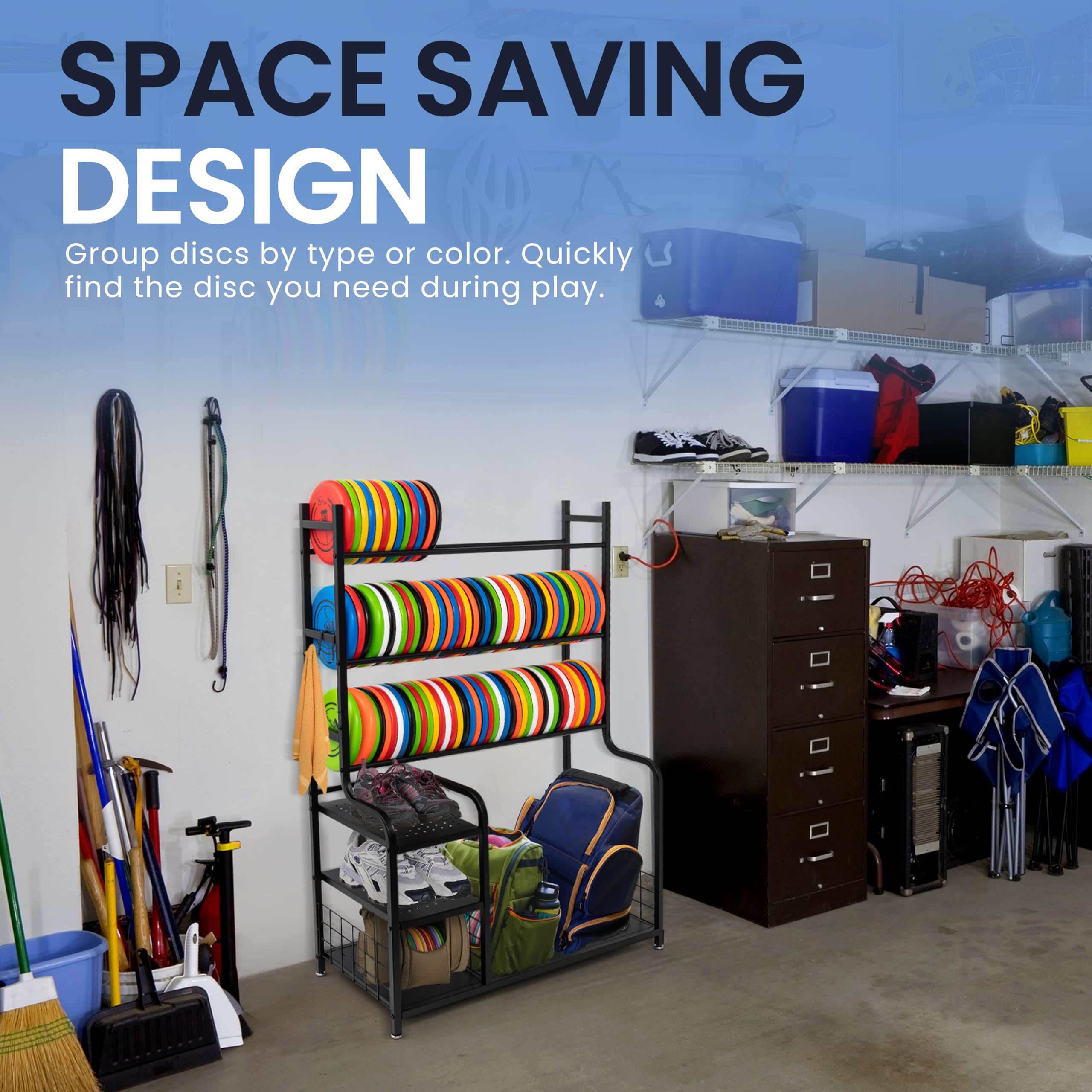 Premium Metal Disc Golf Storage Rack - Heavy Duty Disc Organizer Shelf for Frisbee Equipment | Perfect for Home, Garage & Basement Organization | Black Sport Accessories Stand