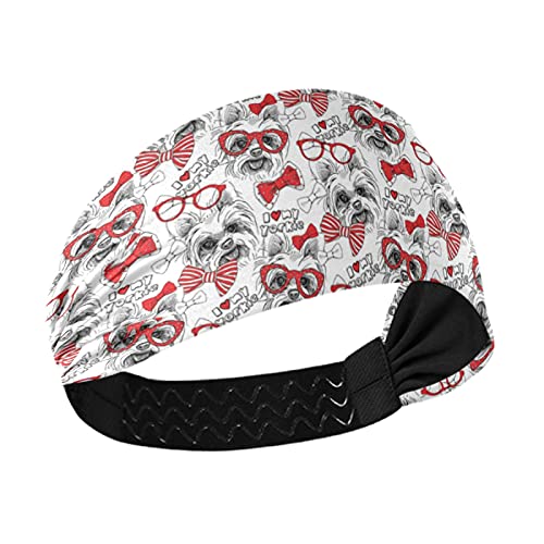 Seamless Women's Headbands for Yoga & Workout - Yorkshire Terrier Print with Red Ties & Sunglasses - Stretchy Breathable Head Wraps - Sweat Wicking Hair Bands & Sports Head Scarf - Perfect for Running, Gym, Tennis & Outdoor Activities
