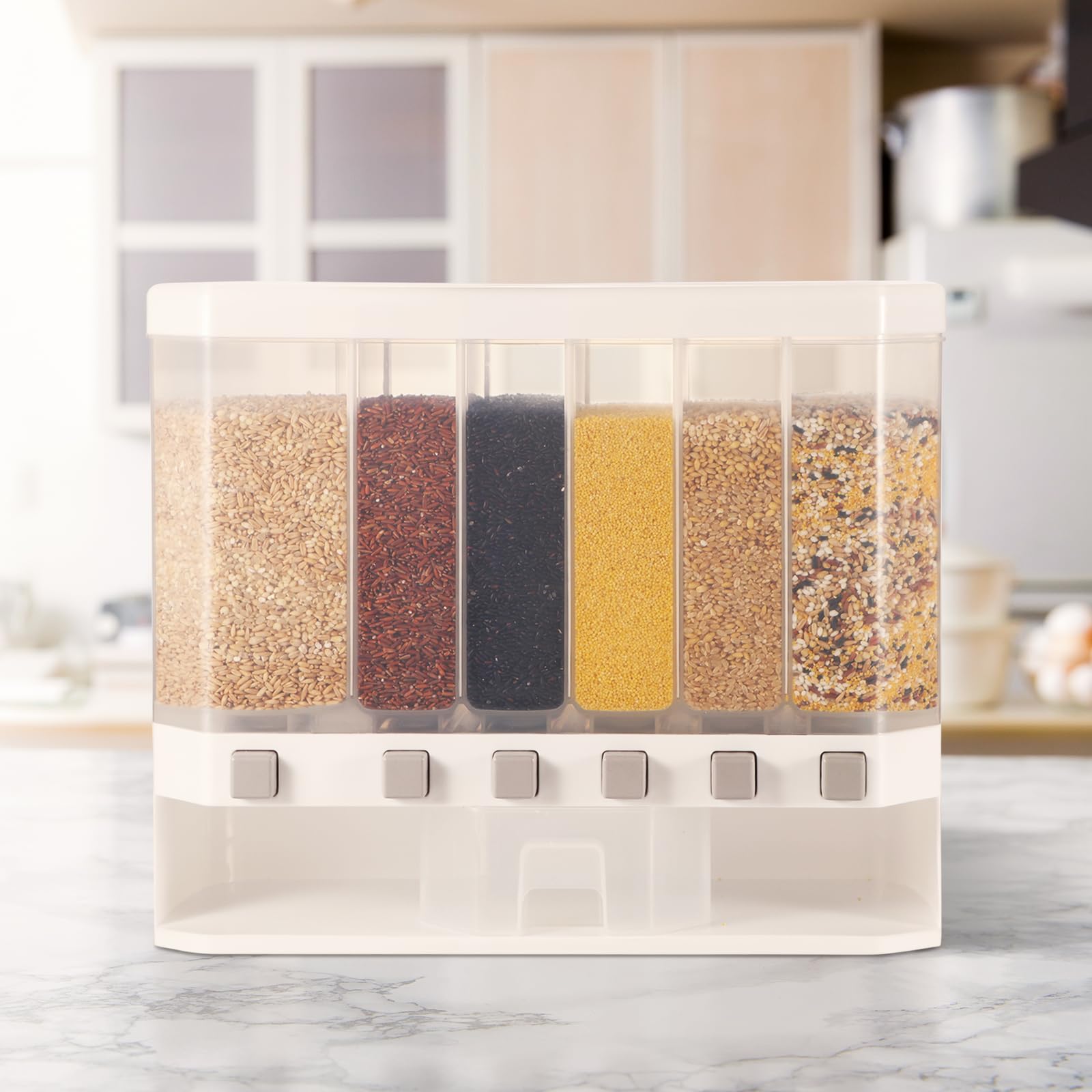 25lbs Grain Dispenser with Measuring Cup - 6 Grid Dry Food Storage Container for Rice, Snacks & Kitchen Organization | Perfect for Pantry, Restaurant & Bulk Food Storage