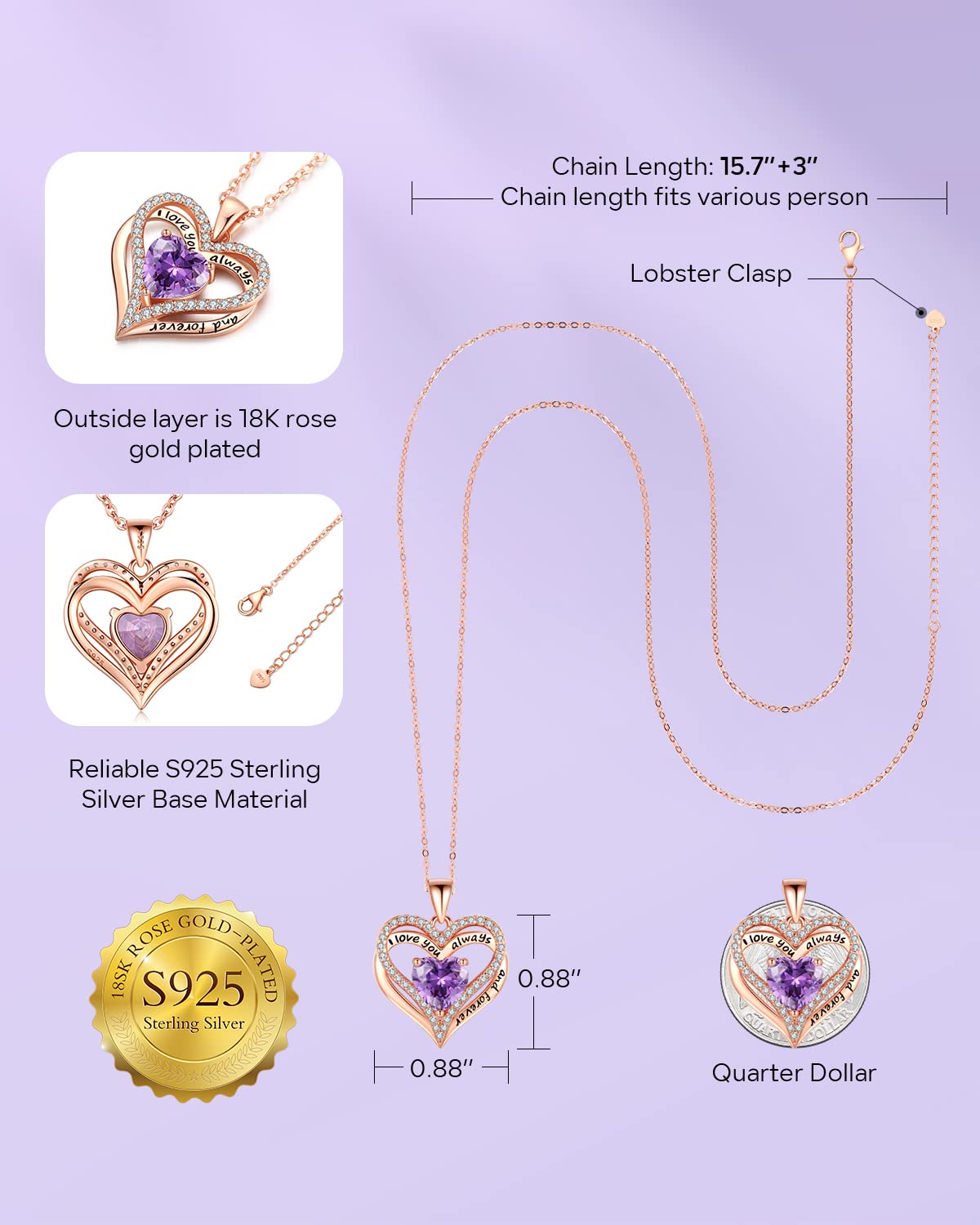 925 Sterling Silver Heart Necklace for Women - Rose Gold Plated Romantic Jewelry Gift for Wife, Mom, Girlfriend, Daughter - Perfect for Birthday, Valentine's Day, Mother's Day & Anniversary - Elegant Everyday Wear & Special Occasions