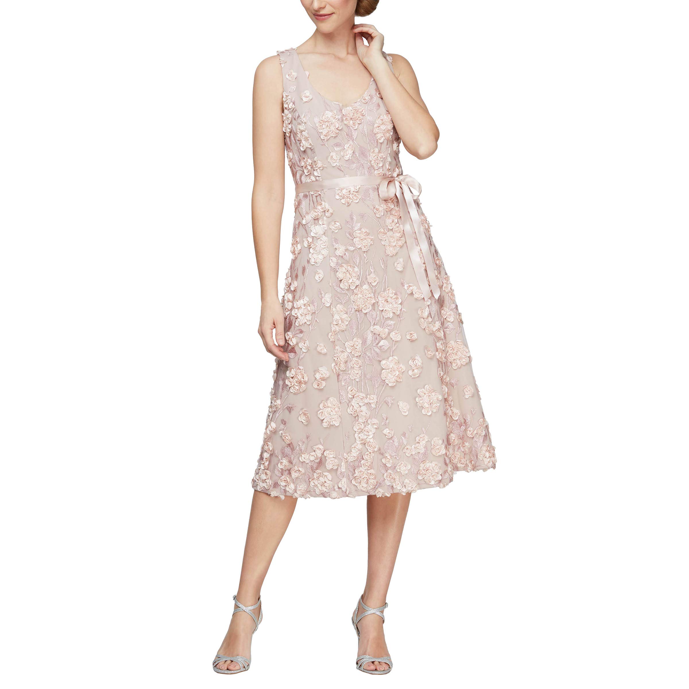 Alex Evenings Women's Tea Length Dress with Rosette Detail - Formal Cocktail Party Dress for Weddings, Prom & Special Occasions (Petite & Regular Sizes)