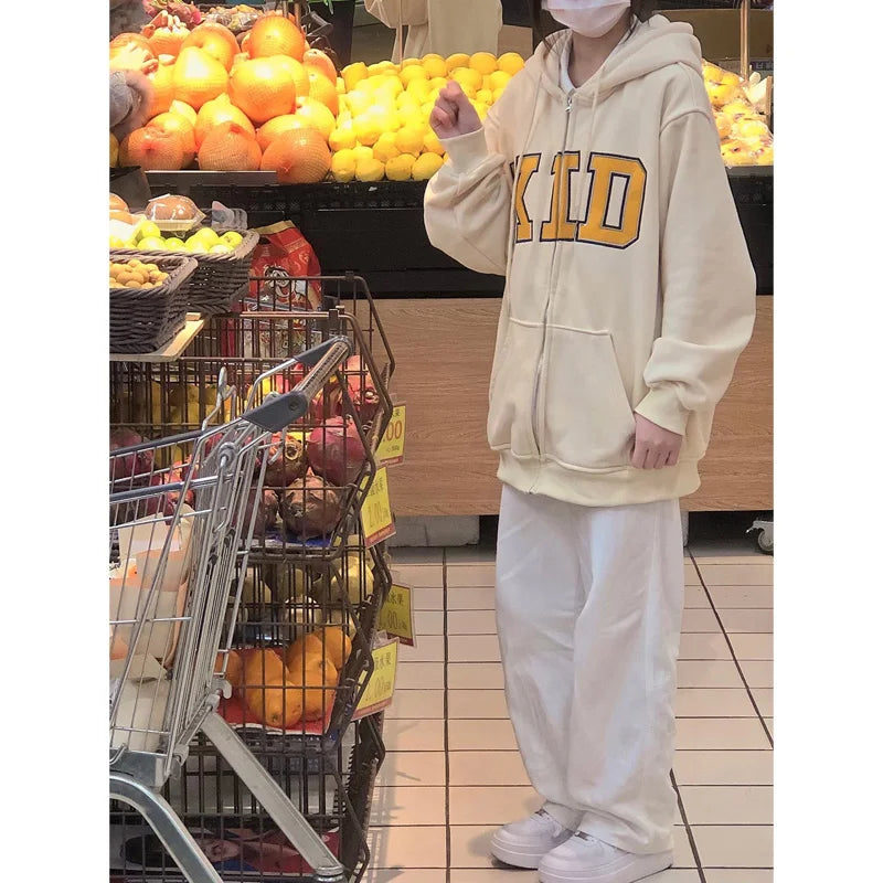 Women's Casual Zip Up Hoodie with Letter Print - Apricot Loose Fit Streetwear Sweatshirt with Pockets | Winter Fashion Basic for Everyday Wear, Gym, and Outdoor Activities