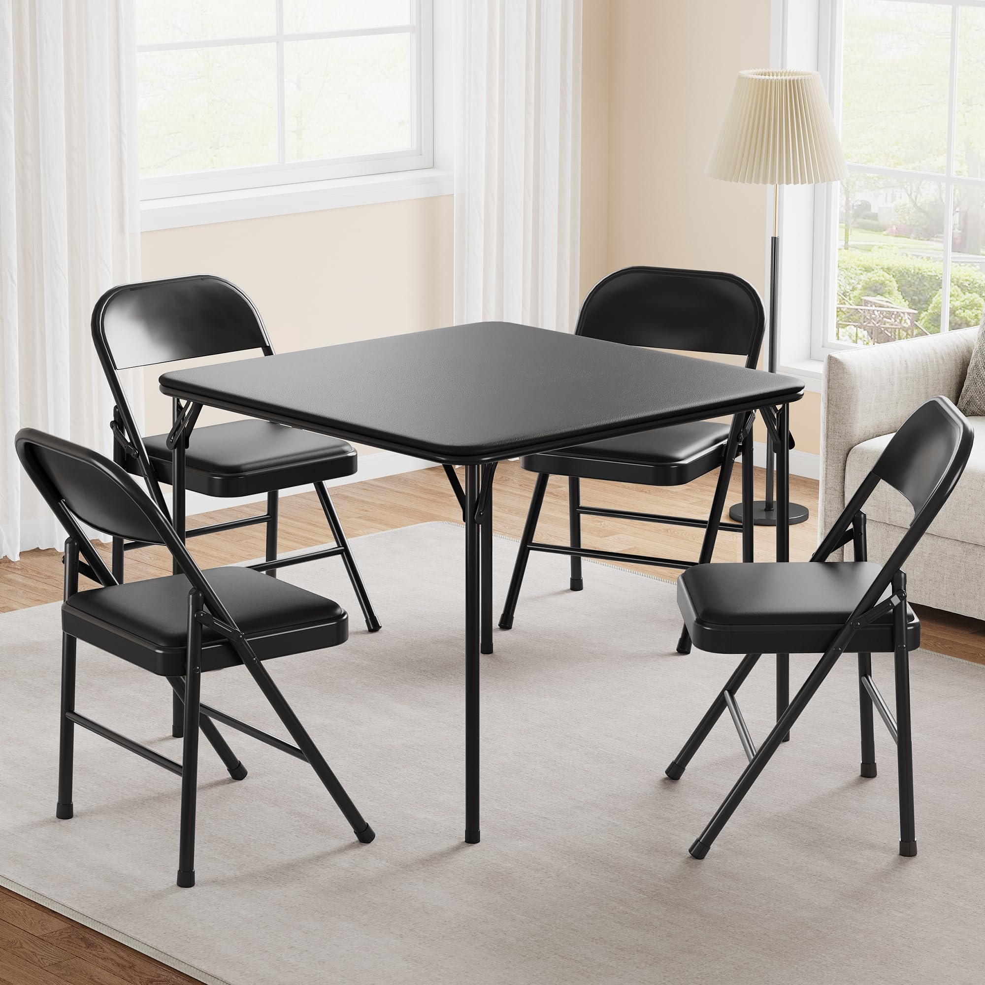 Portable Folding Card Table and 4 Chairs Set - PU Upholstered Metal Frame Foldable Dining Furniture for Home, Office, Camping & Outdoor Use - Black (Perfect for Game Nights, BBQs, and Small Space Living)