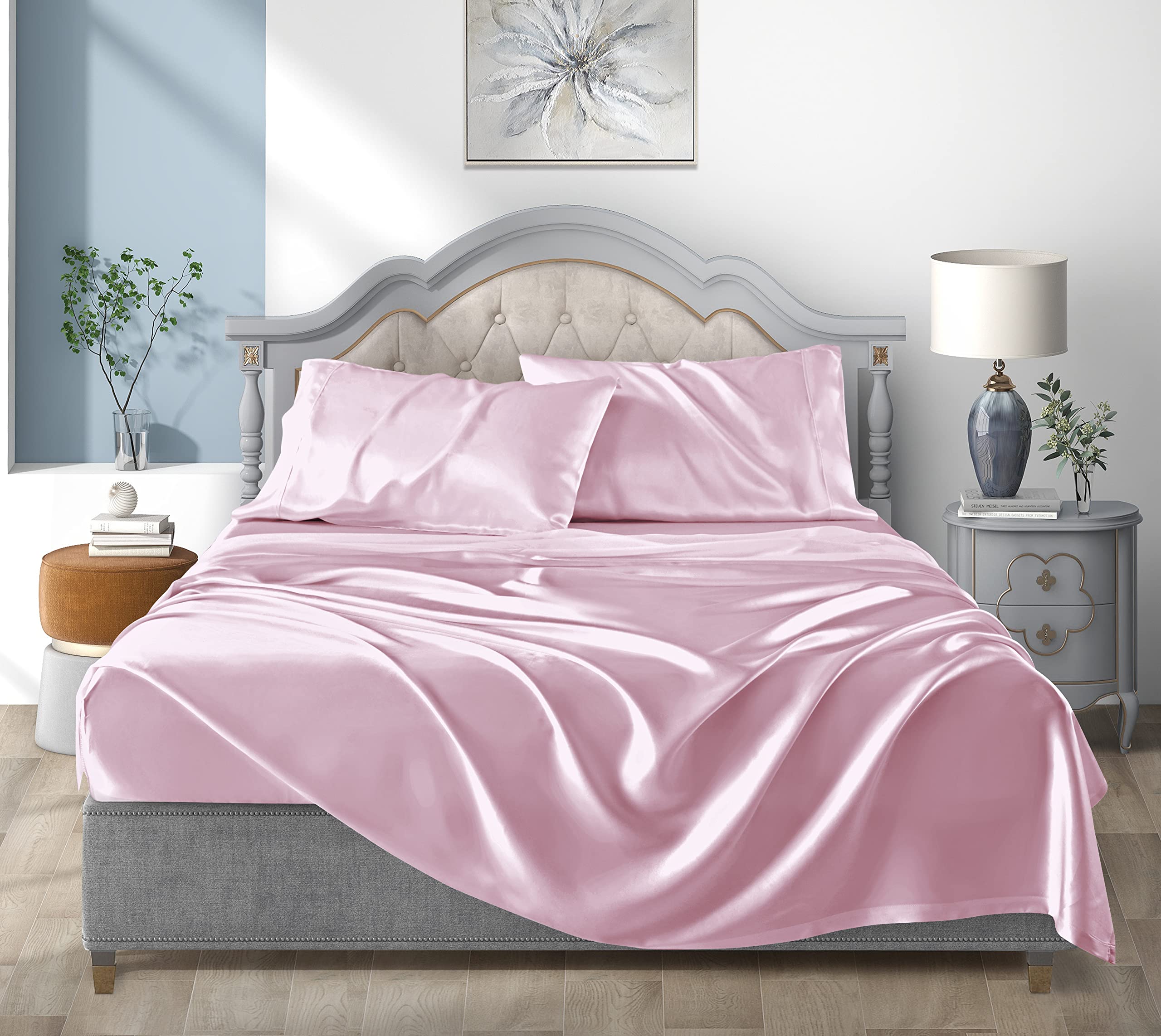 Luxury Satin Bed Sheets King Size - 4 Piece Soft Bedding Set with Deep Pocket (1 Fitted Sheet, 1 Flat Sheet, 2 Pillowcases) - Pink Silk Sheets for Elegant Bedroom Decor & Comfortable Sleep