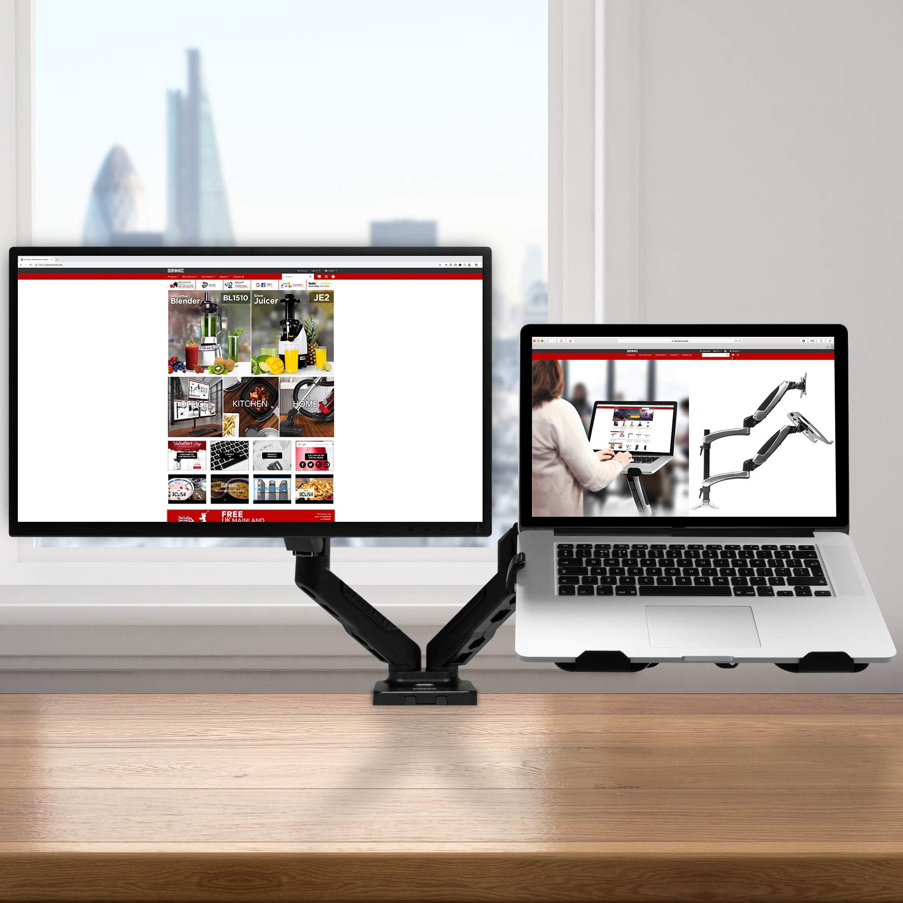 Duronic Dual Monitor Arm Stand DMDCL1X1 - Adjustable Double PC Desk Mount for 13-24 Inch LED LCD Screens & Laptops | VESA 75/100 | 6.5kg Capacity | Perfect for Home Office & Gaming Setup