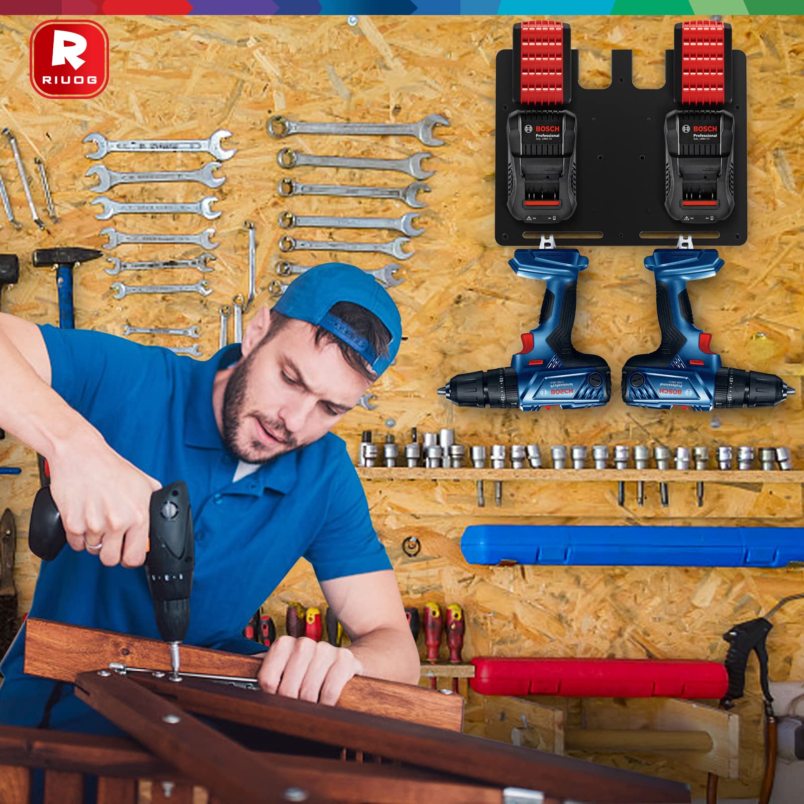 Heavy Duty Wall Mount Bracket for Bosch GAL 1880 CV & GAL 18V-20 Charger - Metal Black Tool Organizer with 4 Battery Slots & 3 Charger Holders - Perfect for Garage, Workshop & Tool Storage Organization