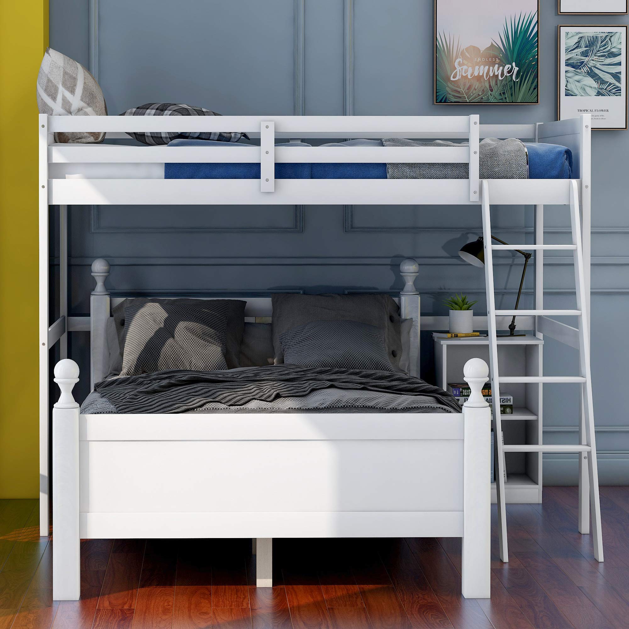 KLMM Twin Over Full Bunk Bed - Solid Wood Loft Bed Frame with Cabinet, Ladder & Guardrail | Convertible to 2 Separate Beds | Space-Saving Kids Bedroom Furniture (White) | Perfect for Small Rooms, Shared Kids Bedrooms & Guest Rooms