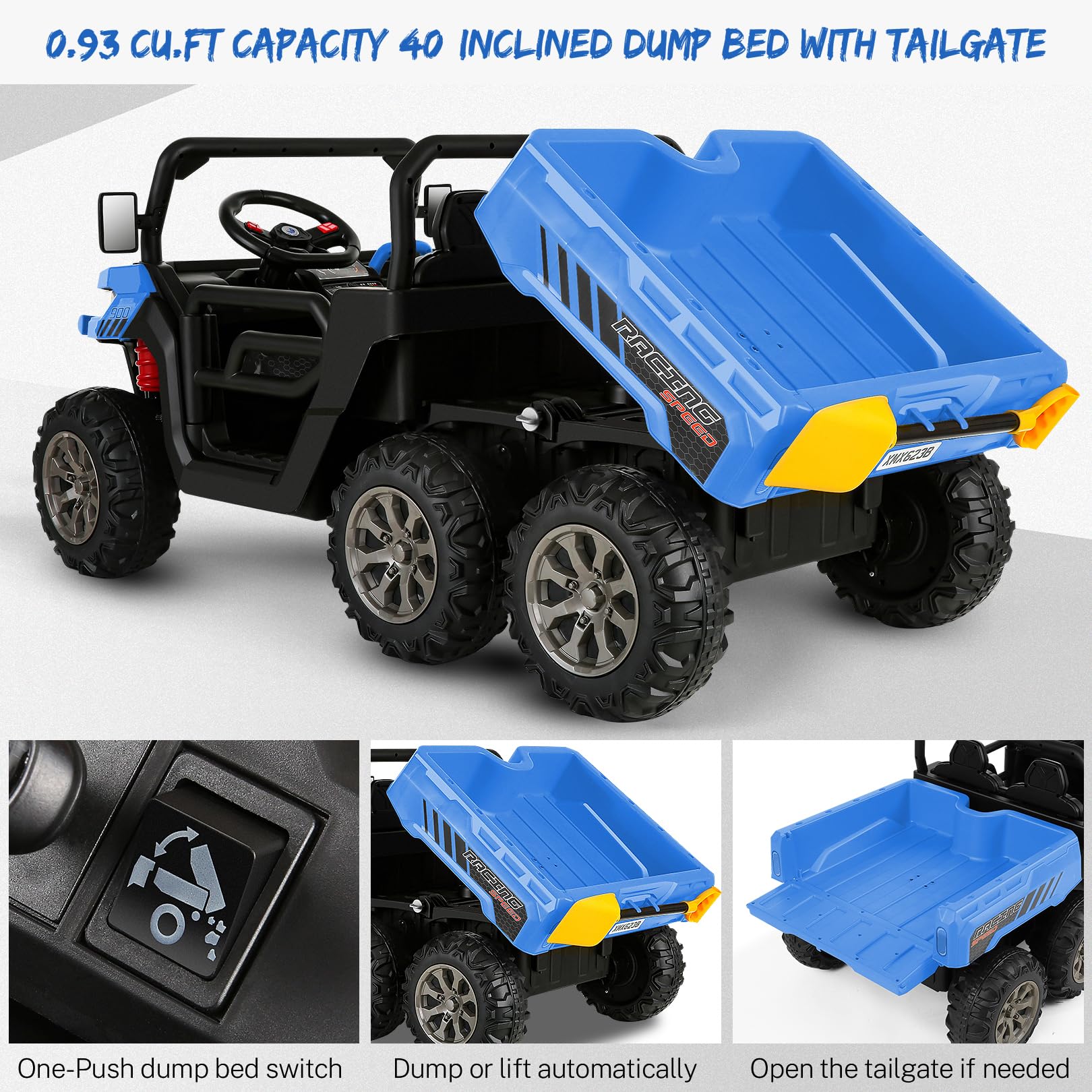 Hikole 24V Kids Ride On Dump Truck - 6-Wheel 2-Seater Electric UTV with Parent Remote Control, LED Lights & Music | 3-Speed Adjustable, Spring Suspension | 24 Volt Battery-Powered Ride-On Toy for Boys & Girls Ages 3-8 | Outdoor Play, Backyard Fun, Birthday Gift Idea (Blue)