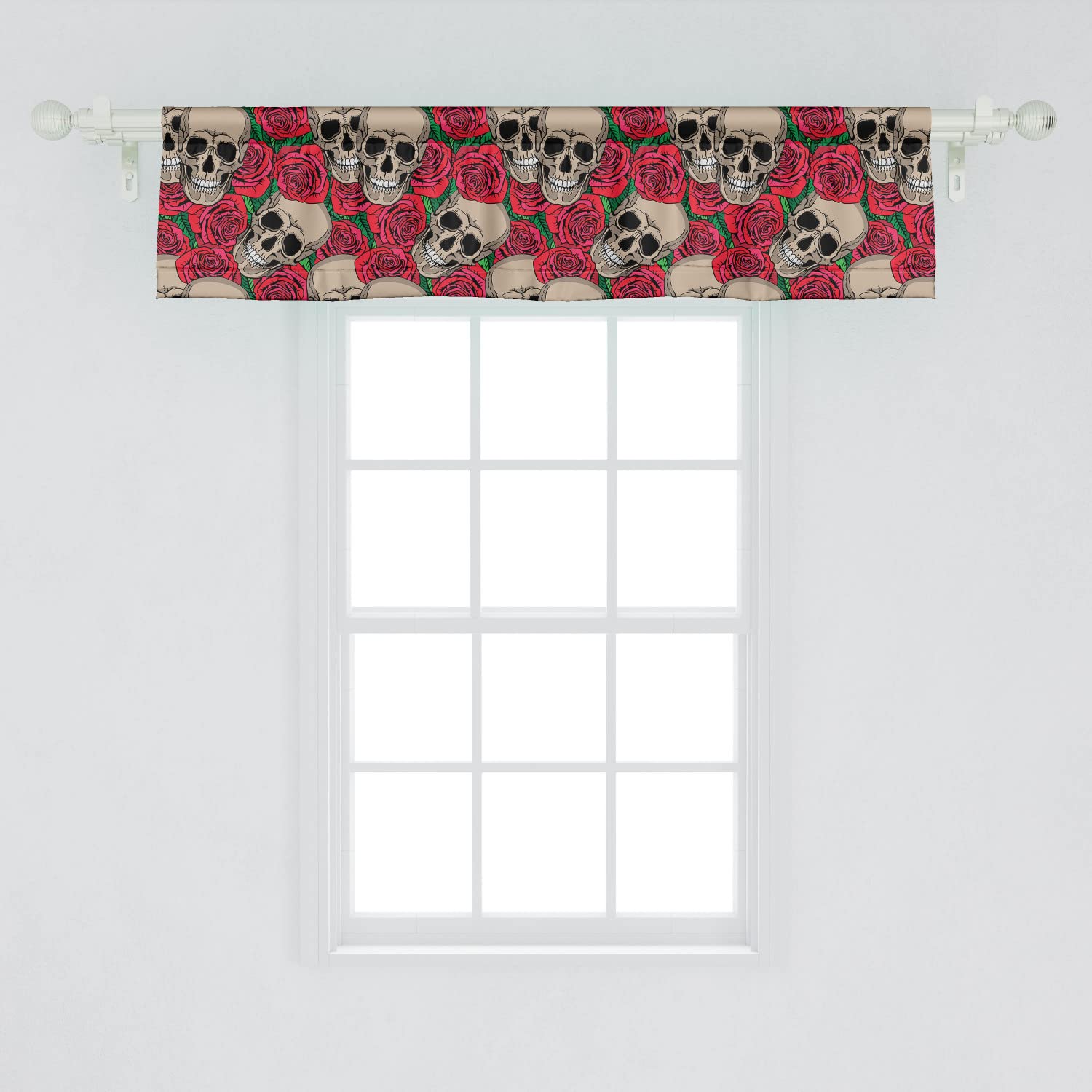Ambesonne Gothic Rose Window Valance Set of 2 - Skull & Red Rose Halloween Decor, Rod Pocket Kitchen & Bedroom Curtains 54x12 Inches - Perfect for Gothic Home Decor, Halloween Party & Vintage Style Interiors